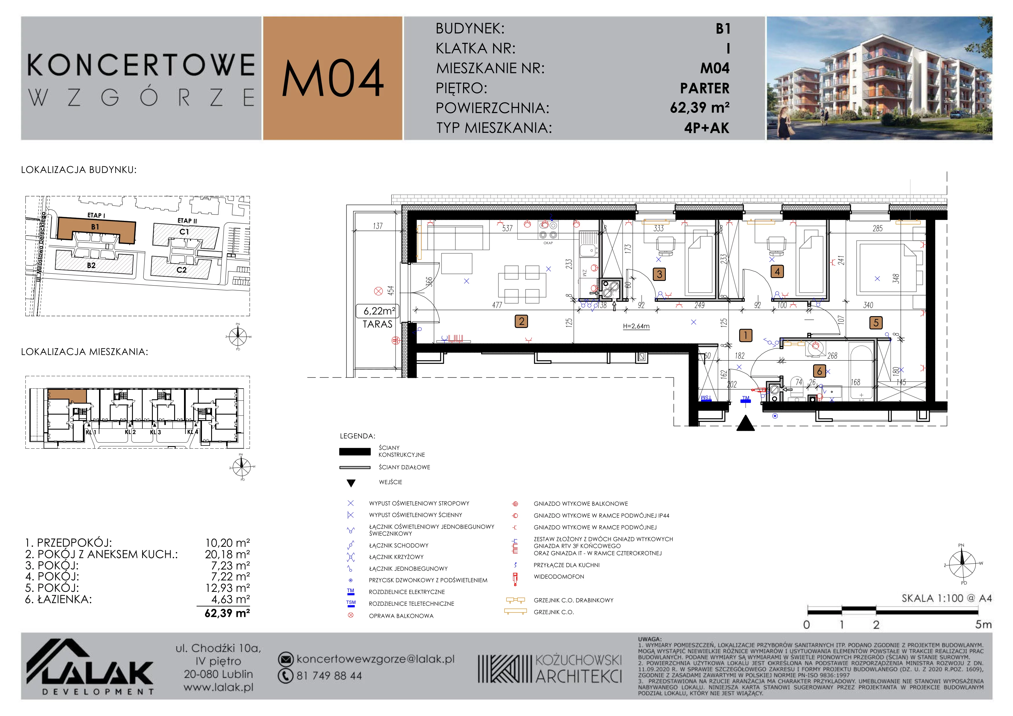 4 pokoje, mieszkanie 62,37 m², parter, oferta nr B1-M04, Koncertowe Wzgórze, Lublin, Czechów Północny, ul. Koncertowa