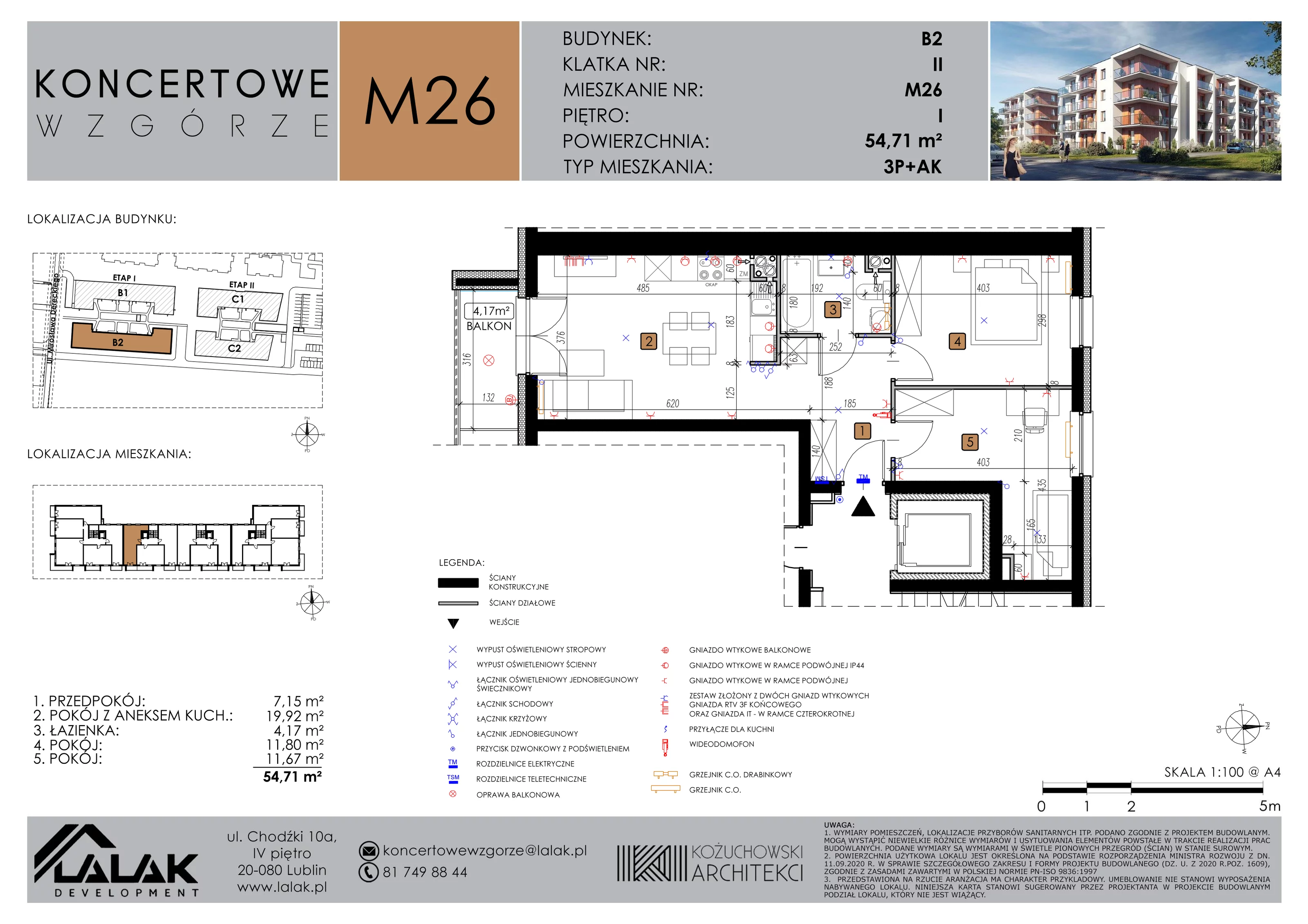 Mieszkanie 54,71 m², piętro 1, oferta nr B2-26, Koncertowe Wzgórze, Lublin, Czechów Północny, ul. Koncertowa