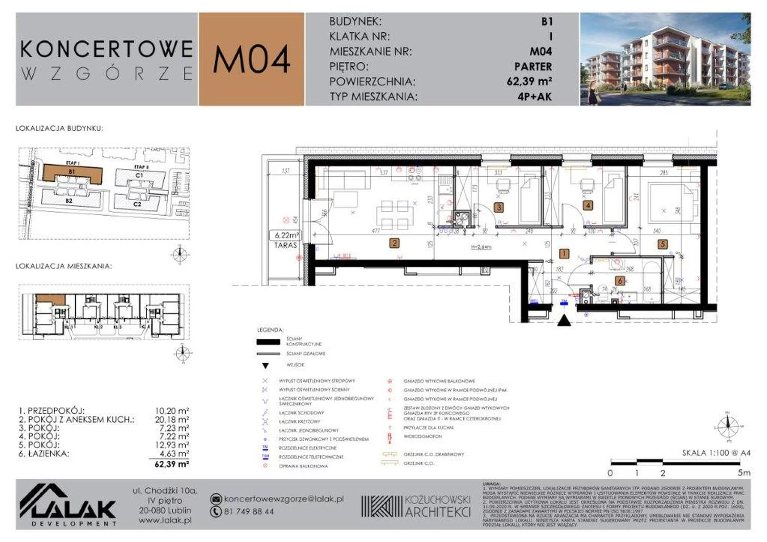 4 pokoje, mieszkanie 62,39 m², parter, oferta nr B1-4, Koncertowe Wzgórze, Lublin, Czechów Północny, ul. Koncertowa