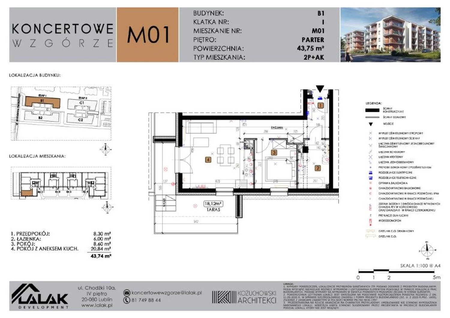 2 pokoje, mieszkanie 43,75 m², parter, oferta nr B1-1, Koncertowe Wzgórze, Lublin, Czechów Północny, ul. Koncertowa