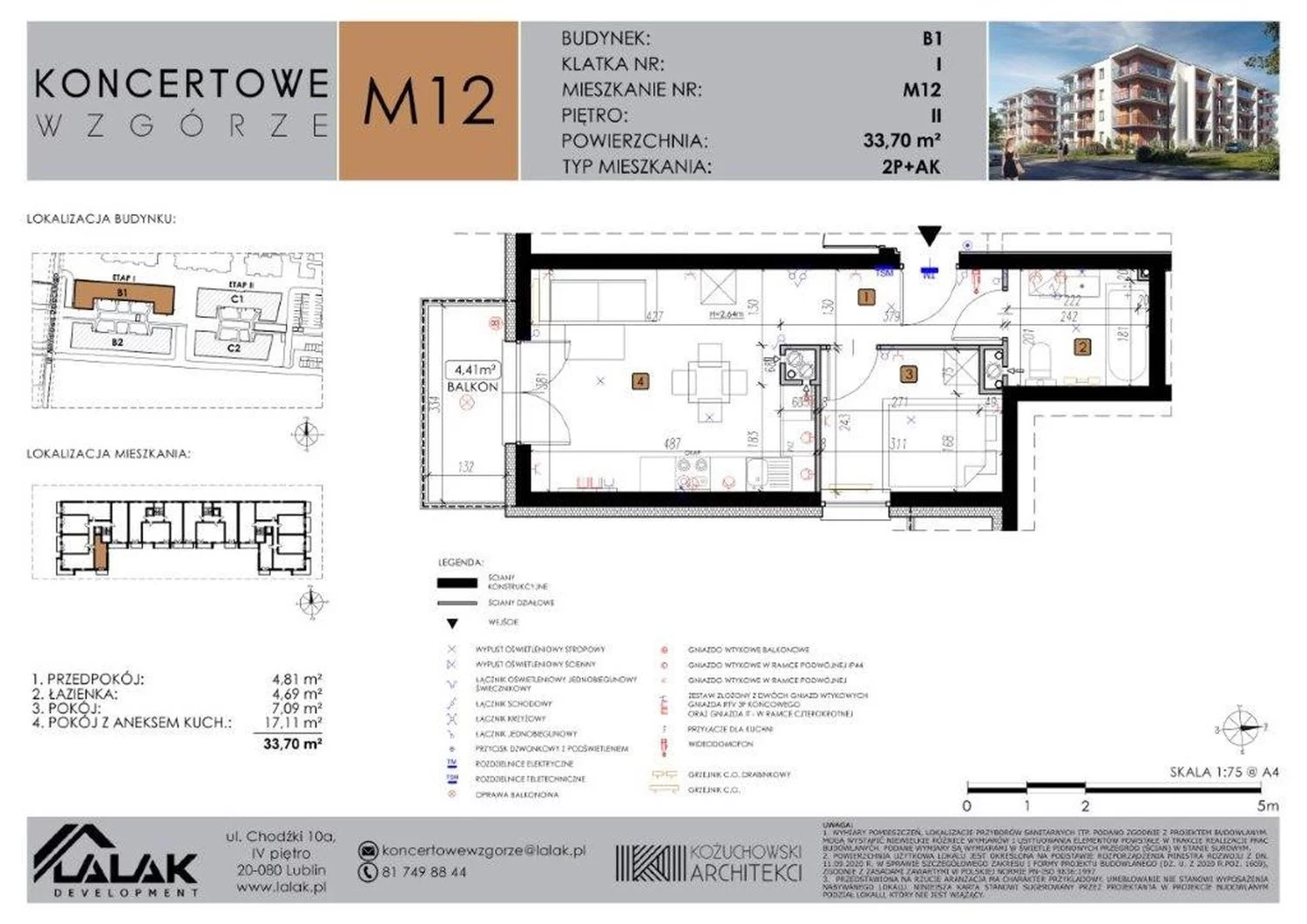 Mieszkanie 33,70 m², piętro 2, oferta nr B1-12, Koncertowe Wzgórze, Lublin, Czechów Północny, ul. Koncertowa