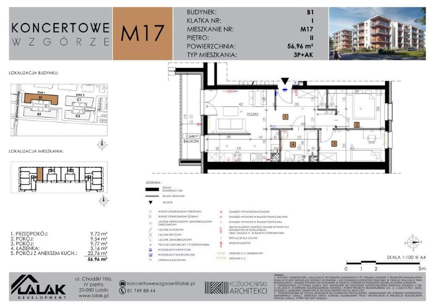 3 pokoje, mieszkanie 56,96 m², piętro 2, oferta nr B1-17, Koncertowe Wzgórze, Lublin, Czechów Północny, ul. Koncertowa