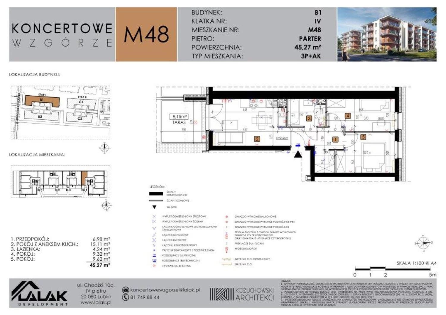 Mieszkanie 45,27 m², parter, oferta nr B1-48, Koncertowe Wzgórze, Lublin, Czechów Północny, ul. Koncertowa