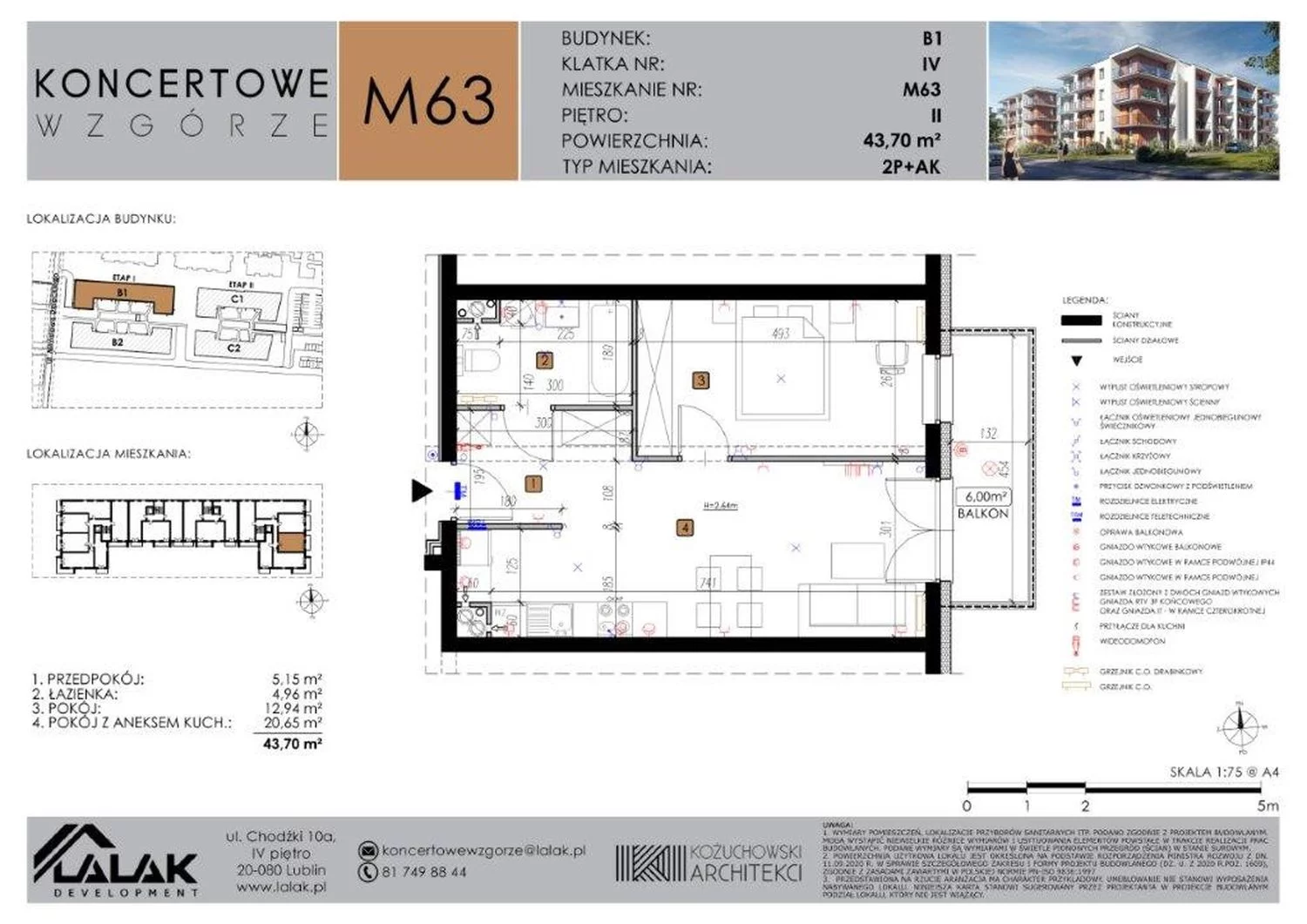 Mieszkanie 43,70 m², piętro 2, oferta nr B1-63, Koncertowe Wzgórze, Lublin, Czechów Północny, ul. Koncertowa