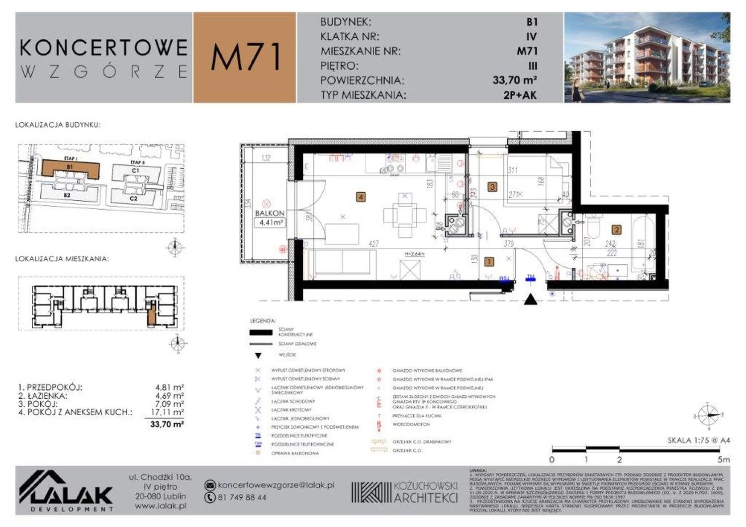 2 pokoje, mieszkanie 33,70 m², piętro 3, oferta nr B1-71, Koncertowe Wzgórze, Lublin, Czechów Północny, ul. Koncertowa