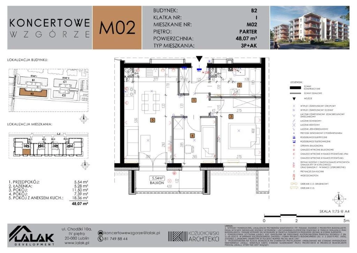 Mieszkanie 48,07 m², parter, oferta nr B2-2, Koncertowe Wzgórze, Lublin, Czechów Północny, ul. Koncertowa