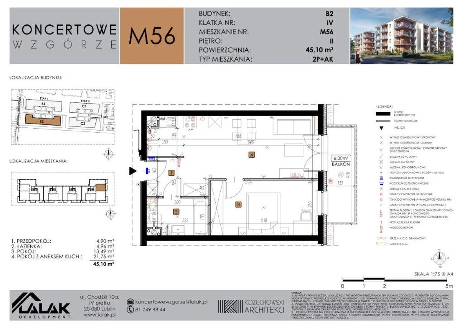 Mieszkanie 45,10 m², piętro 2, oferta nr B2-56, Koncertowe Wzgórze, Lublin, Czechów Północny, ul. Koncertowa