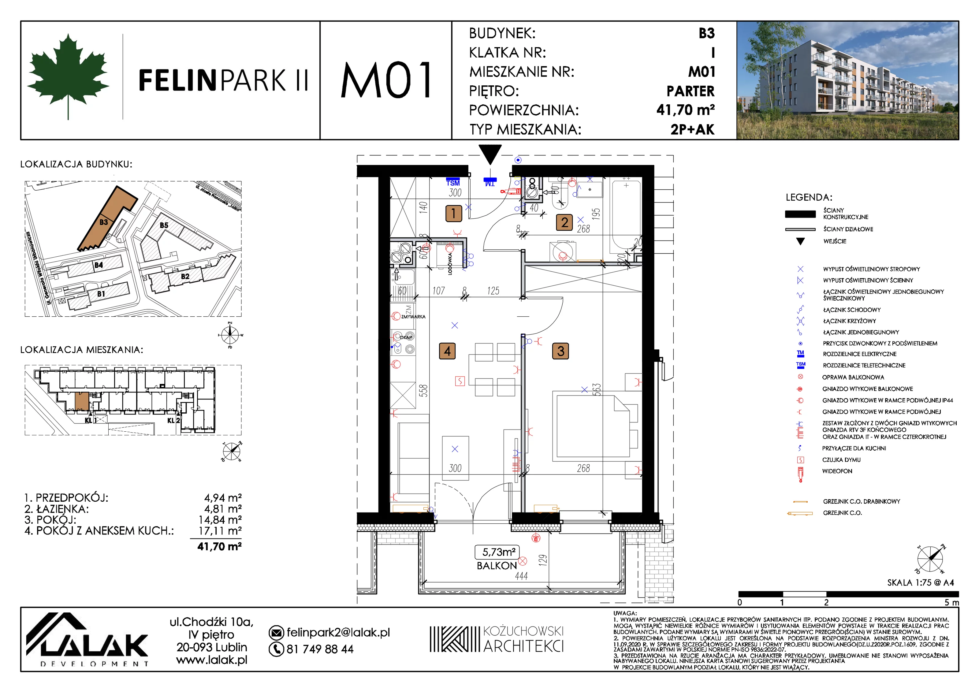 2 pokoje, mieszkanie 41,70 m², parter, oferta nr B3_M01/P, Felin Park II etap 2, Lublin, Felin, ul. gen. Stanisława Skalskiego 8-10