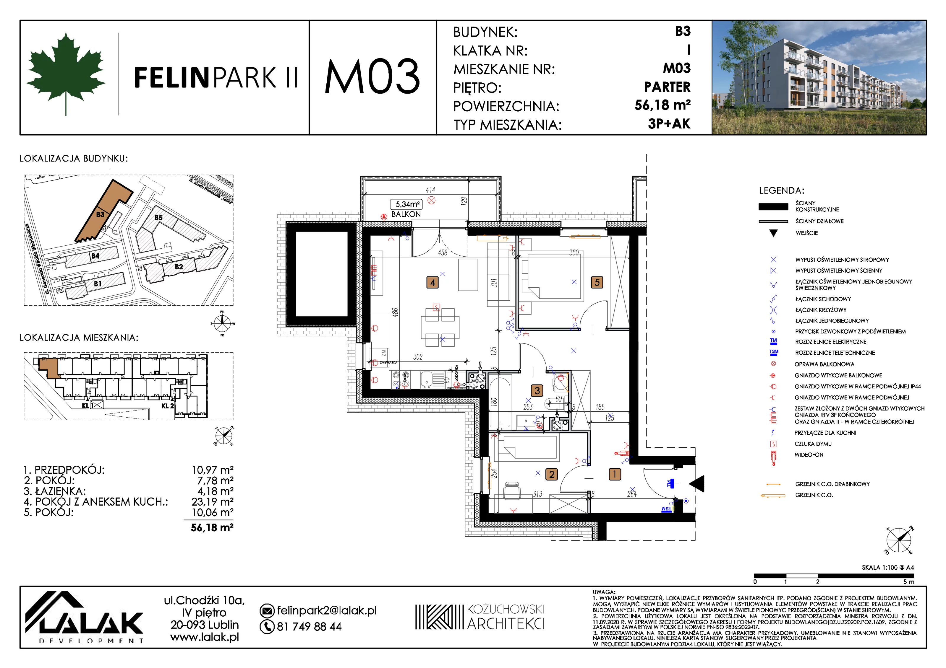 3 pokoje, mieszkanie 56,18 m², parter, oferta nr B3_M03/P, Felin Park II etap 2, Lublin, Felin, ul. gen. Stanisława Skalskiego 8-10