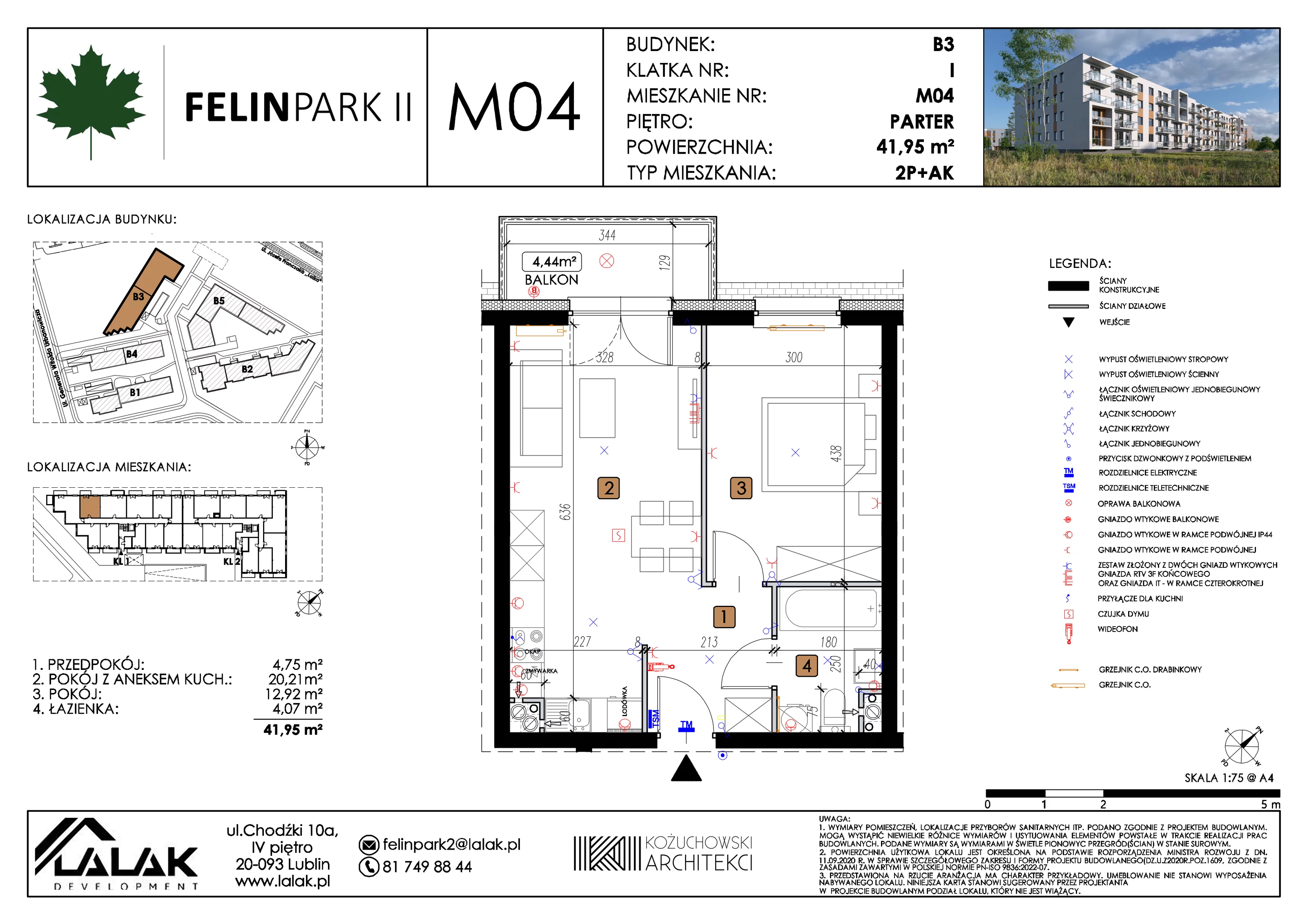 2 pokoje, mieszkanie 41,95 m², parter, oferta nr B3_M04/P, Felin Park II etap 2, Lublin, Felin, ul. gen. Stanisława Skalskiego 8-10