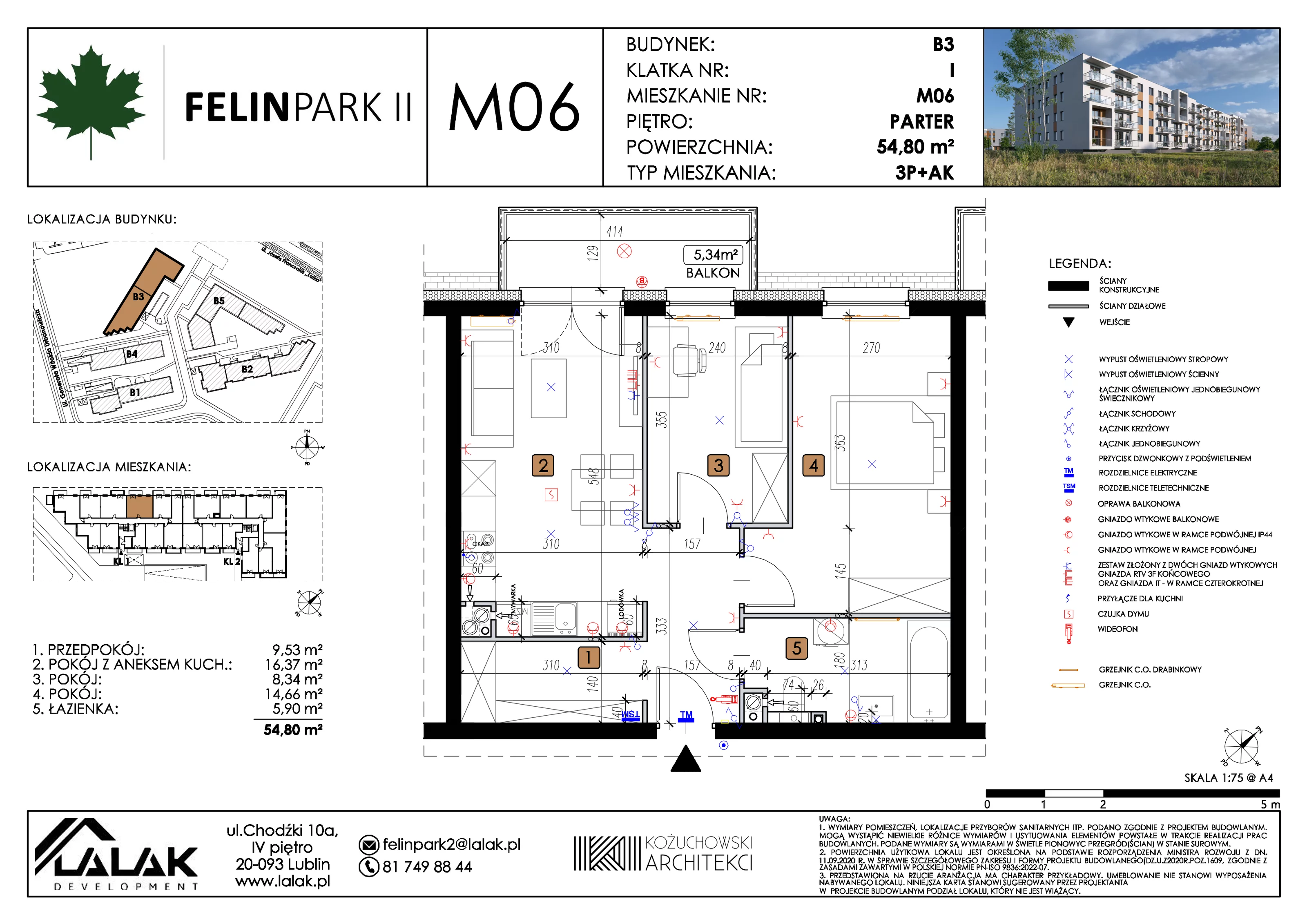 3 pokoje, mieszkanie 54,80 m², parter, oferta nr B3_M06/P, Felin Park II etap 2, Lublin, Felin, ul. gen. Stanisława Skalskiego 8-10