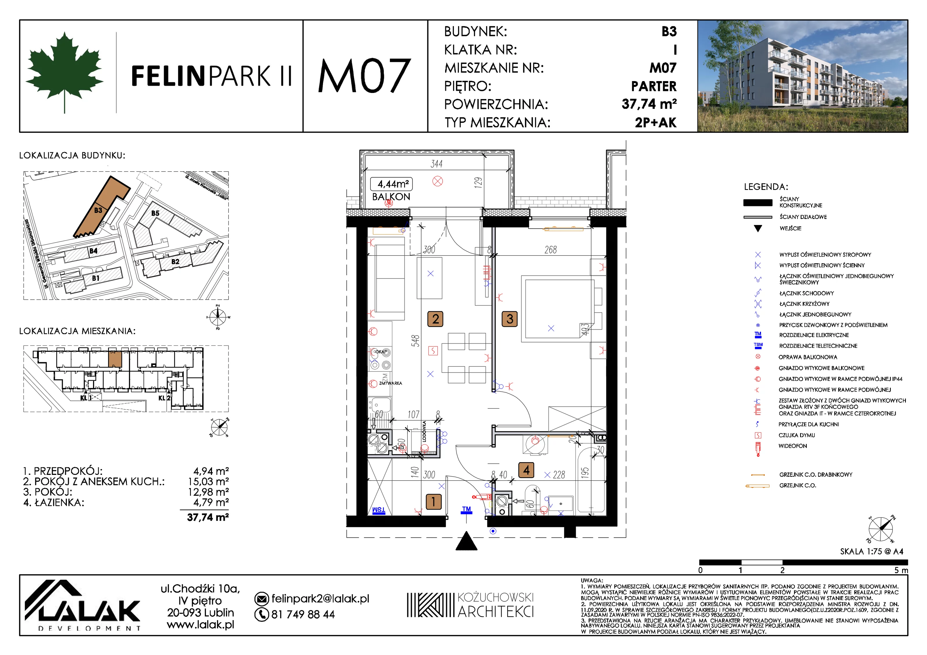 2 pokoje, mieszkanie 37,76 m², parter, oferta nr B3_M07/P, Felin Park II etap 2, Lublin, Felin, ul. gen. Stanisława Skalskiego 8-10