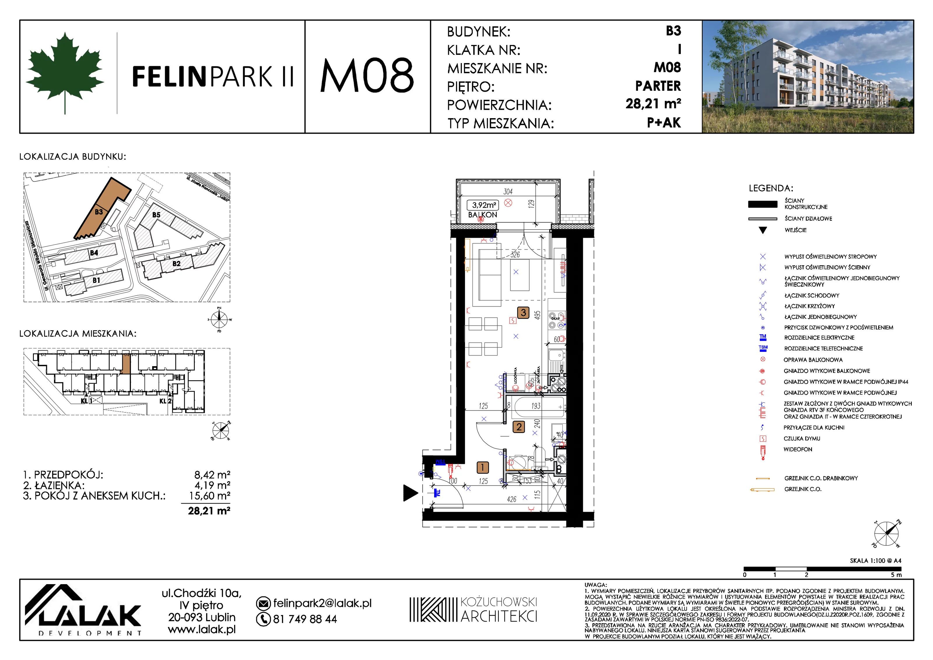 1 pokój, mieszkanie 28,32 m², parter, oferta nr B3_M08/P, Felin Park II etap 2, Lublin, Felin, ul. gen. Stanisława Skalskiego 8-10