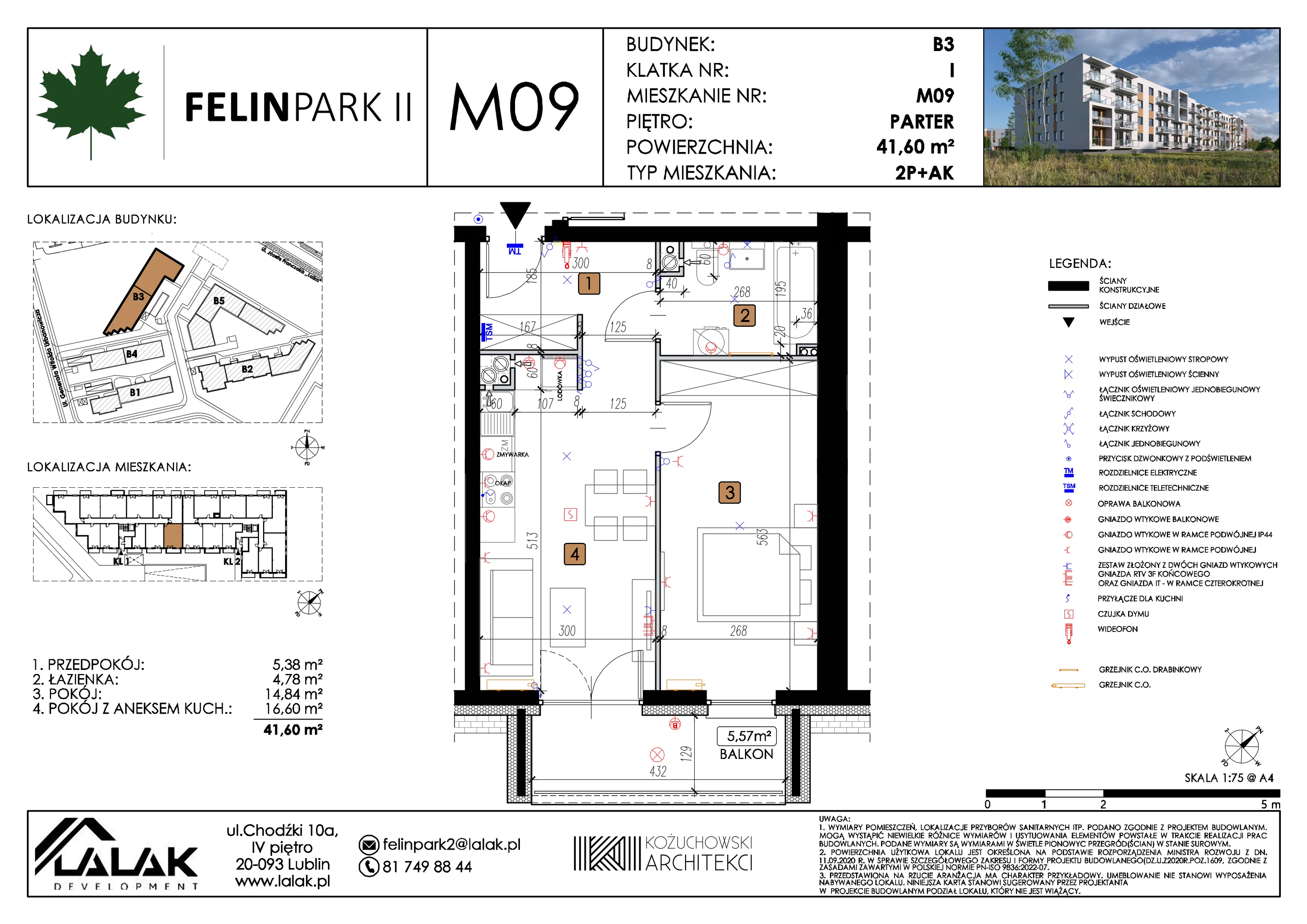 2 pokoje, mieszkanie 41,63 m², parter, oferta nr B3_M09/P, Felin Park II etap 2, Lublin, Felin, ul. gen. Stanisława Skalskiego 8-10