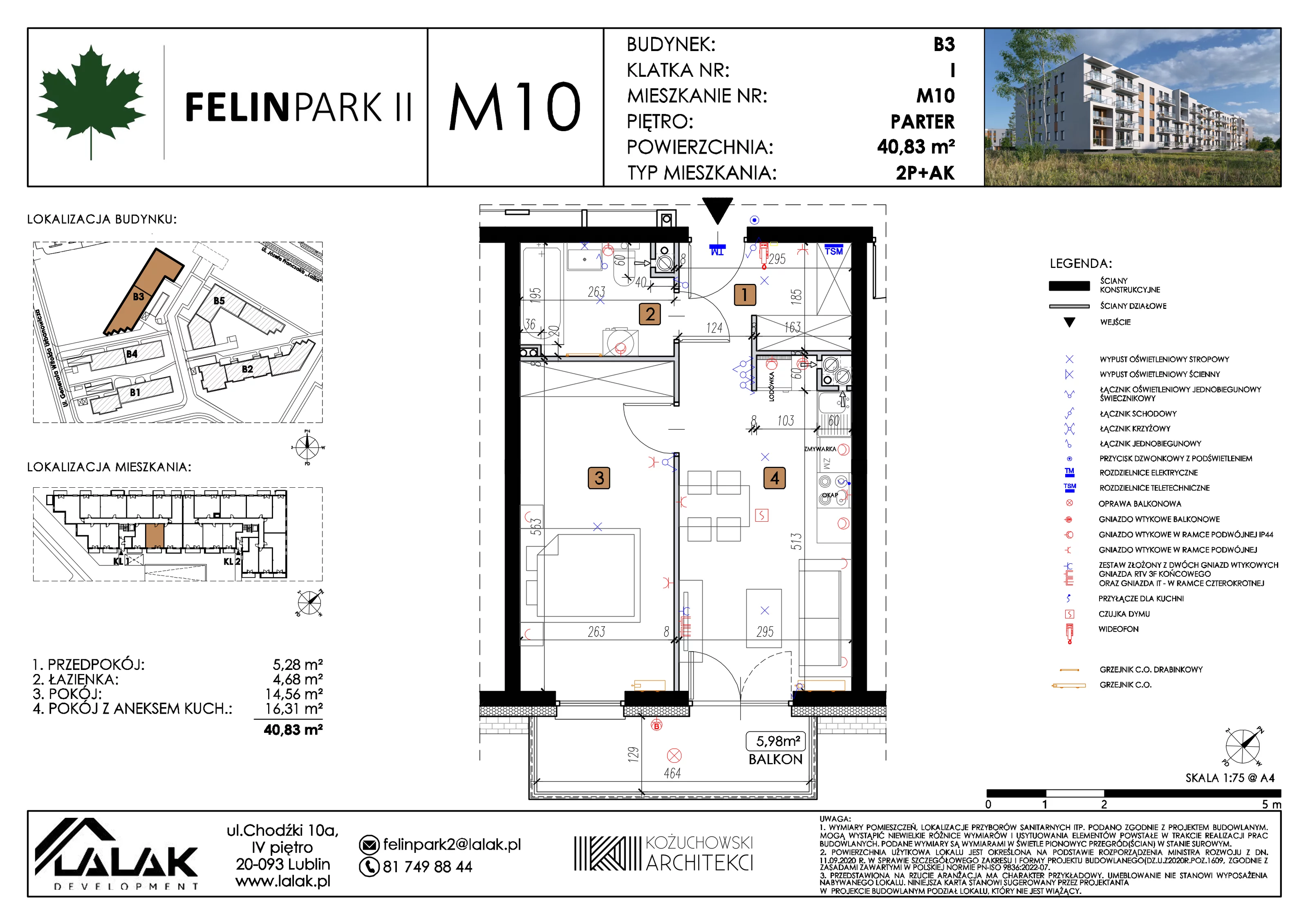2 pokoje, mieszkanie 40,86 m², parter, oferta nr B3_M10/P, Felin Park II etap 2, Lublin, Felin, ul. gen. Stanisława Skalskiego 8-10