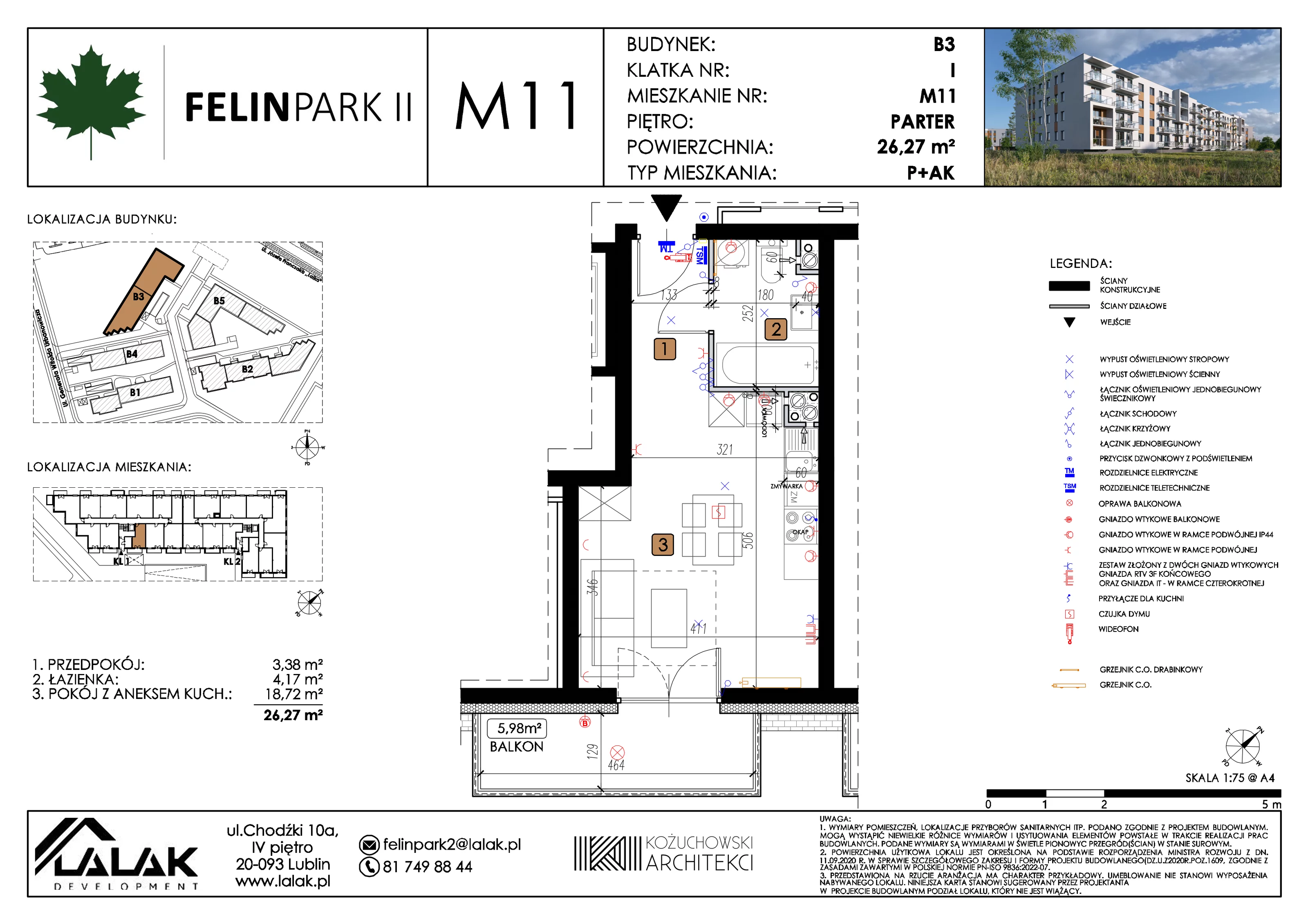 1 pokój, mieszkanie 25,34 m², parter, oferta nr B3_M11/P, Felin Park II etap 2, Lublin, Felin, ul. gen. Stanisława Skalskiego 8-10