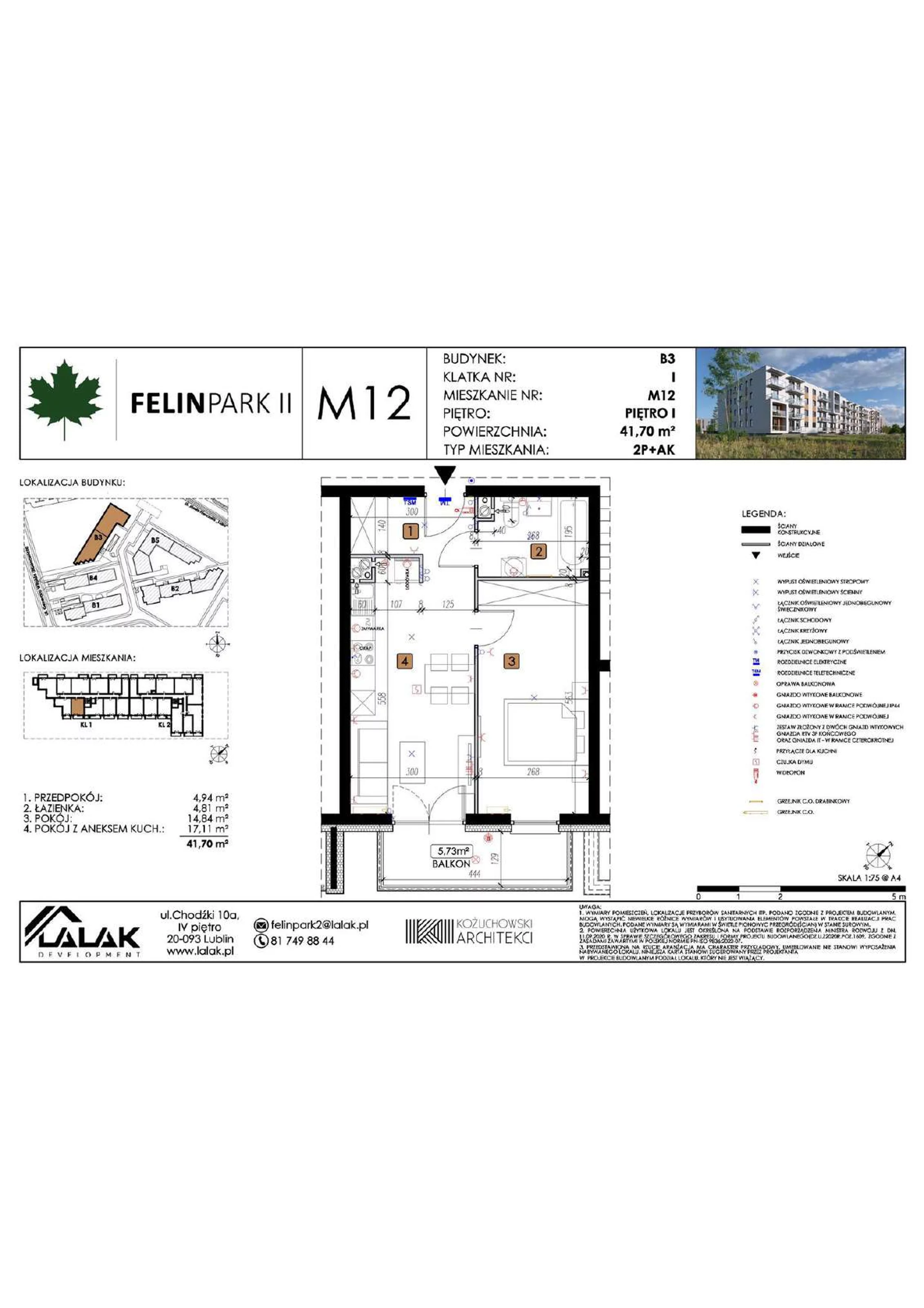2 pokoje, mieszkanie 41,70 m², piętro 1, oferta nr B3_M12/I, Felin Park II etap 2, Lublin, Felin, ul. gen. Stanisława Skalskiego 8-10