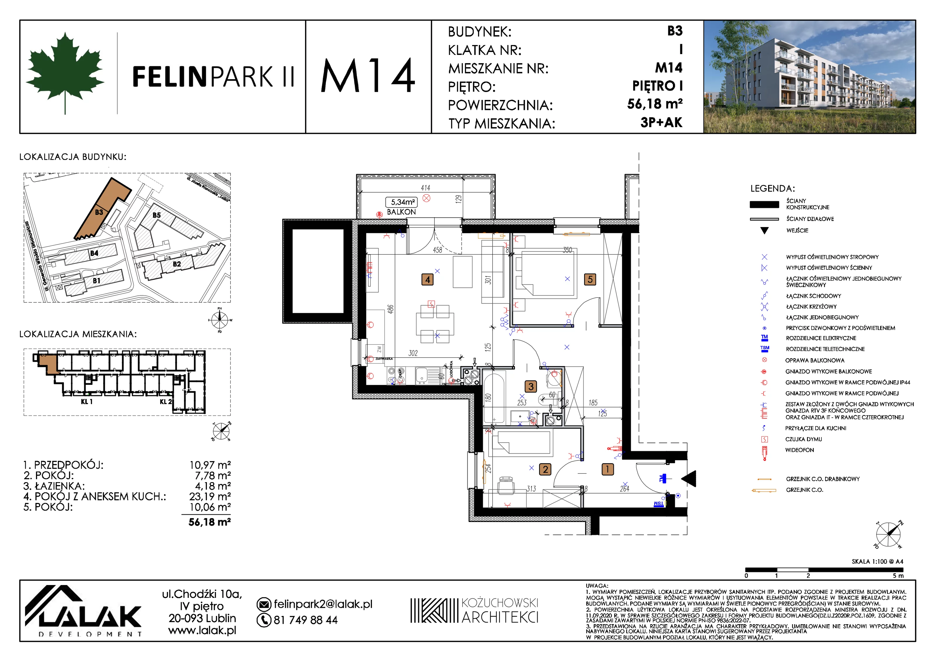 3 pokoje, mieszkanie 56,18 m², piętro 1, oferta nr B3_M14/I, Felin Park II etap 2, Lublin, Felin, ul. gen. Stanisława Skalskiego 8-10