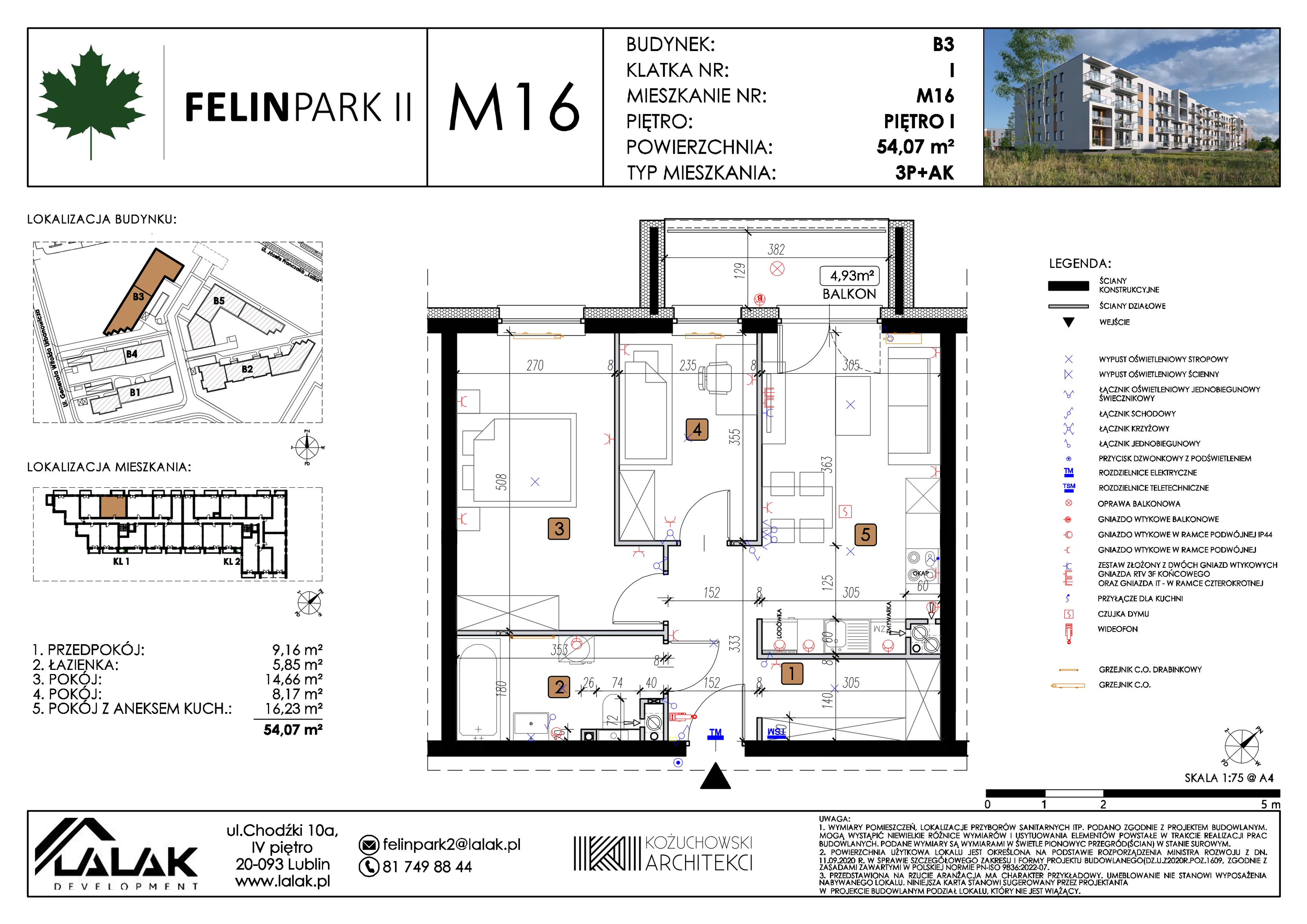 3 pokoje, mieszkanie 54,12 m², piętro 1, oferta nr B3_M16/I, Felin Park II etap 2, Lublin, Felin, ul. gen. Stanisława Skalskiego 8-10
