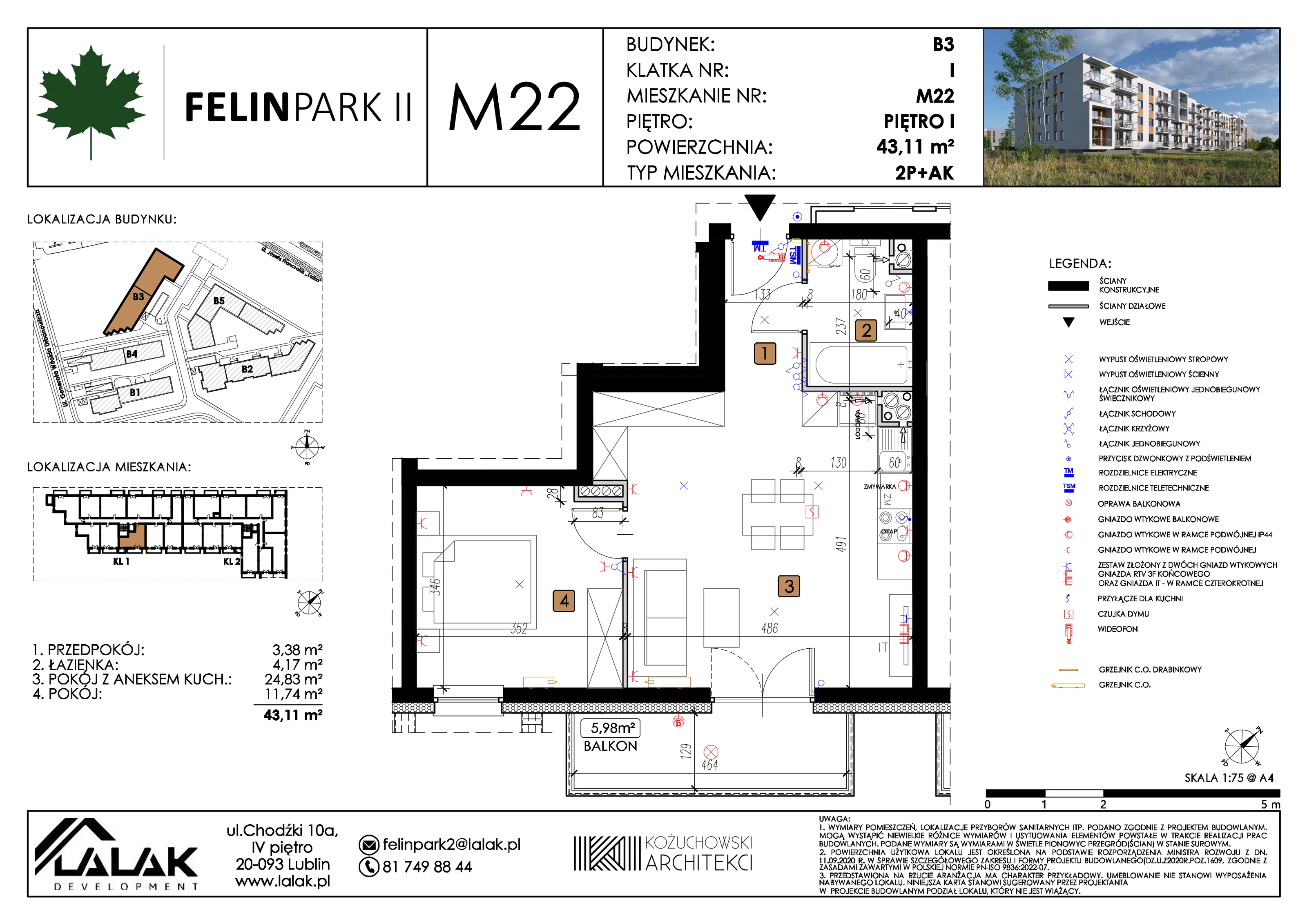 2 pokoje, mieszkanie 43,11 m², piętro 1, oferta nr B3_M22/I, Felin Park II etap 2, Lublin, Felin, ul. gen. Stanisława Skalskiego 8-10