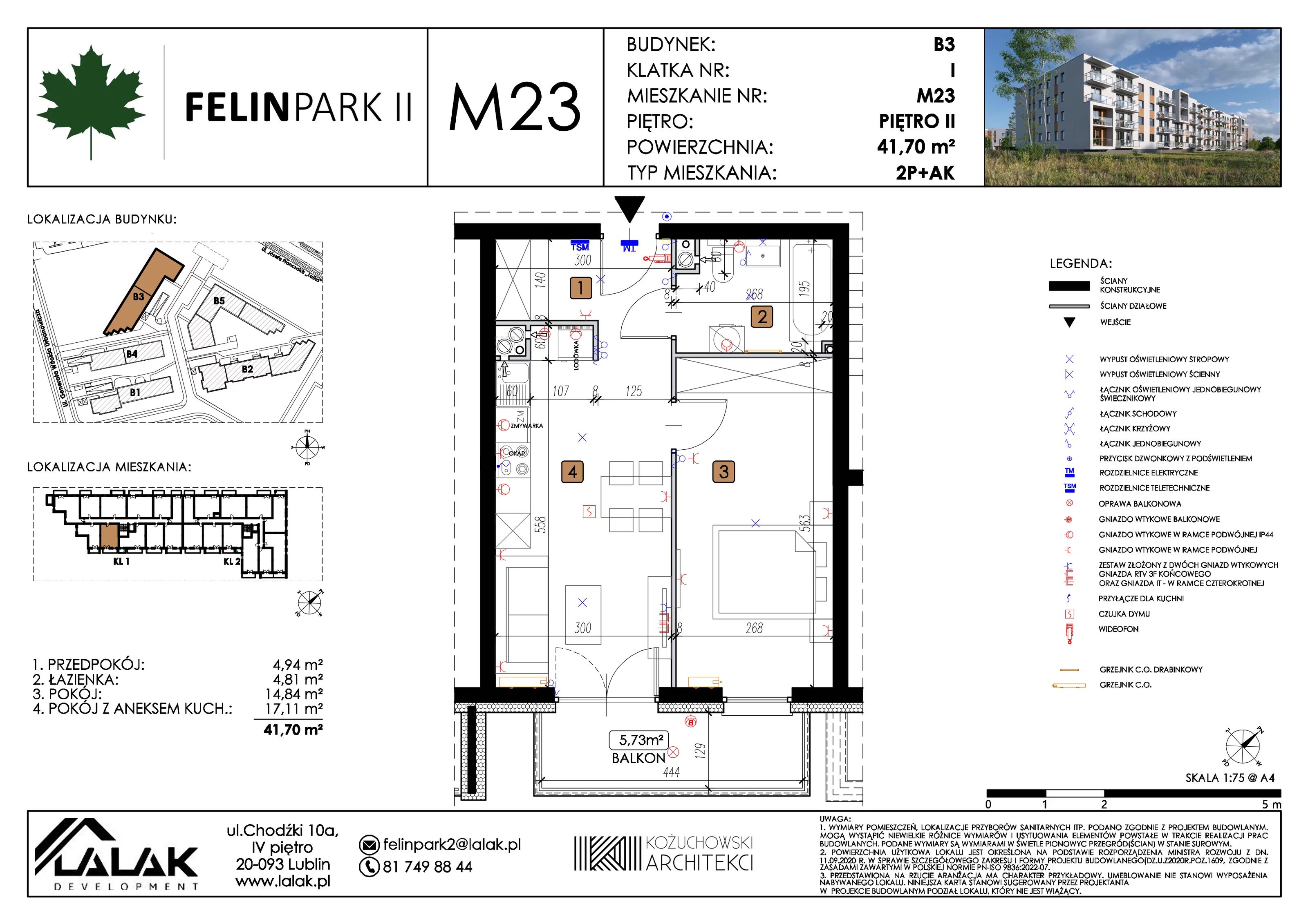 2 pokoje, mieszkanie 41,70 m², piętro 2, oferta nr B3_M23/II, Felin Park II etap 2, Lublin, Felin, ul. gen. Stanisława Skalskiego 8-10