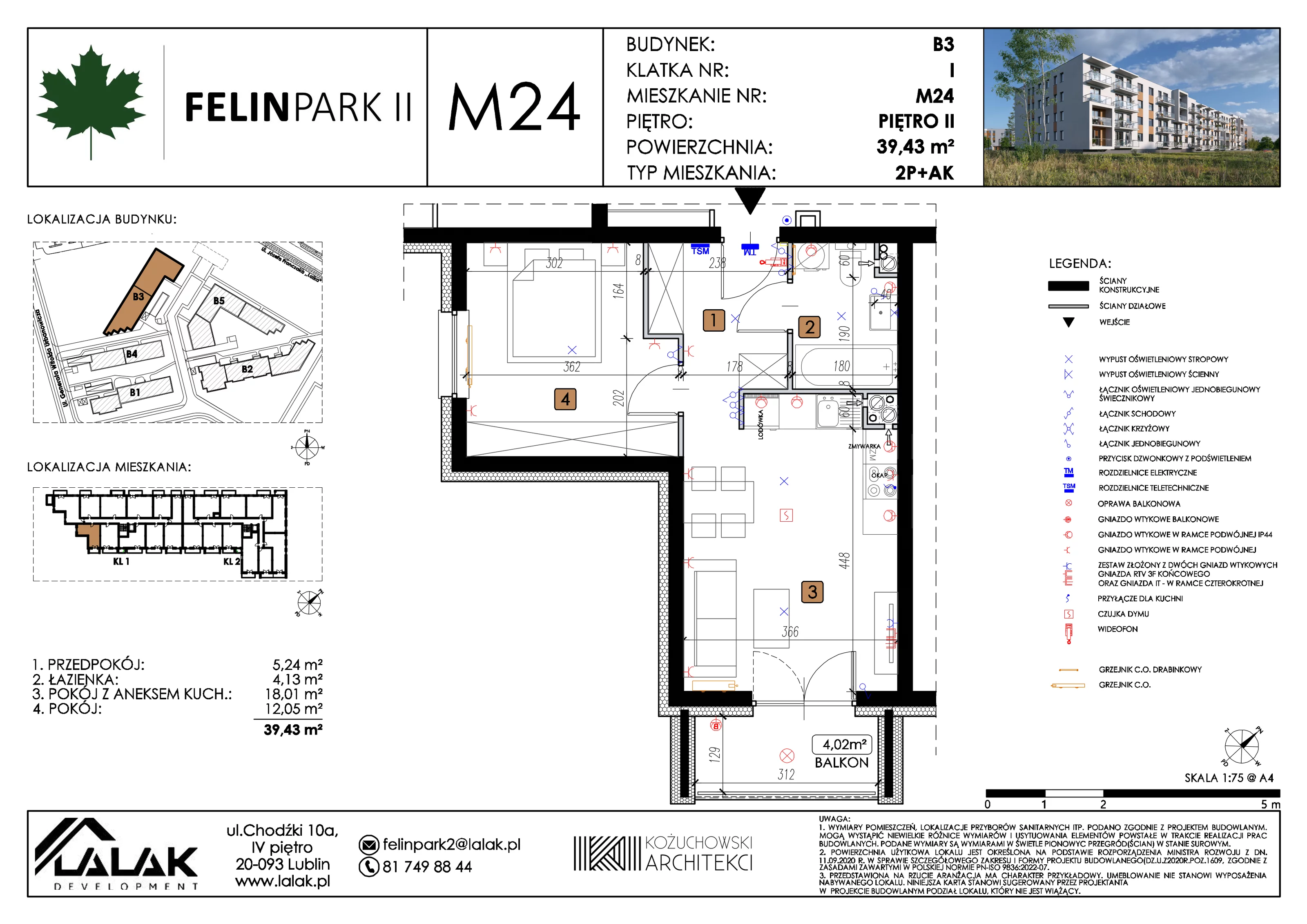 2 pokoje, mieszkanie 39,43 m², piętro 2, oferta nr B3_M24/II, Felin Park II etap 2, Lublin, Felin, ul. gen. Stanisława Skalskiego 8-10