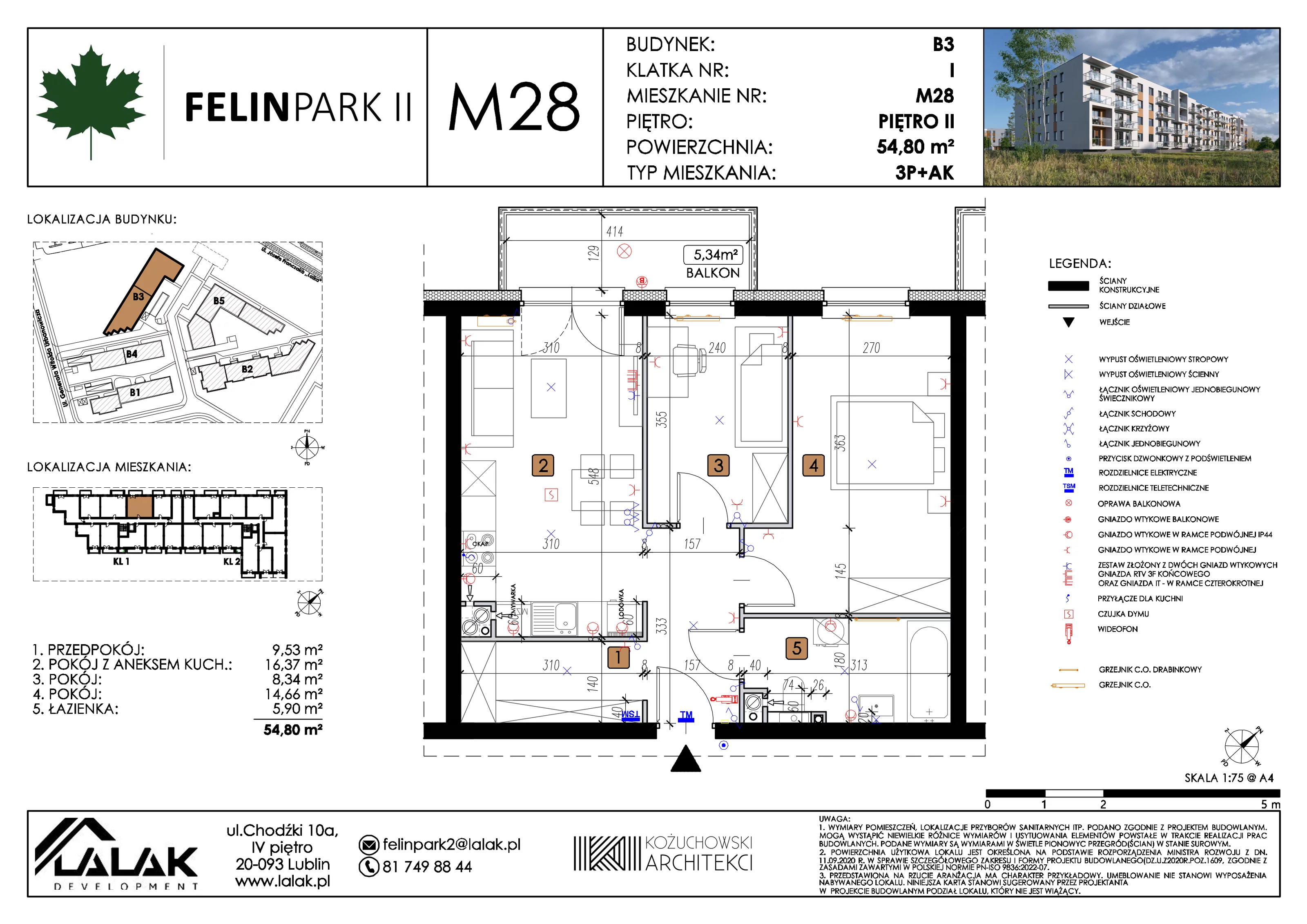 3 pokoje, mieszkanie 54,80 m², piętro 2, oferta nr B3_M28/II, Felin Park II etap 2, Lublin, Felin, ul. gen. Stanisława Skalskiego 8-10