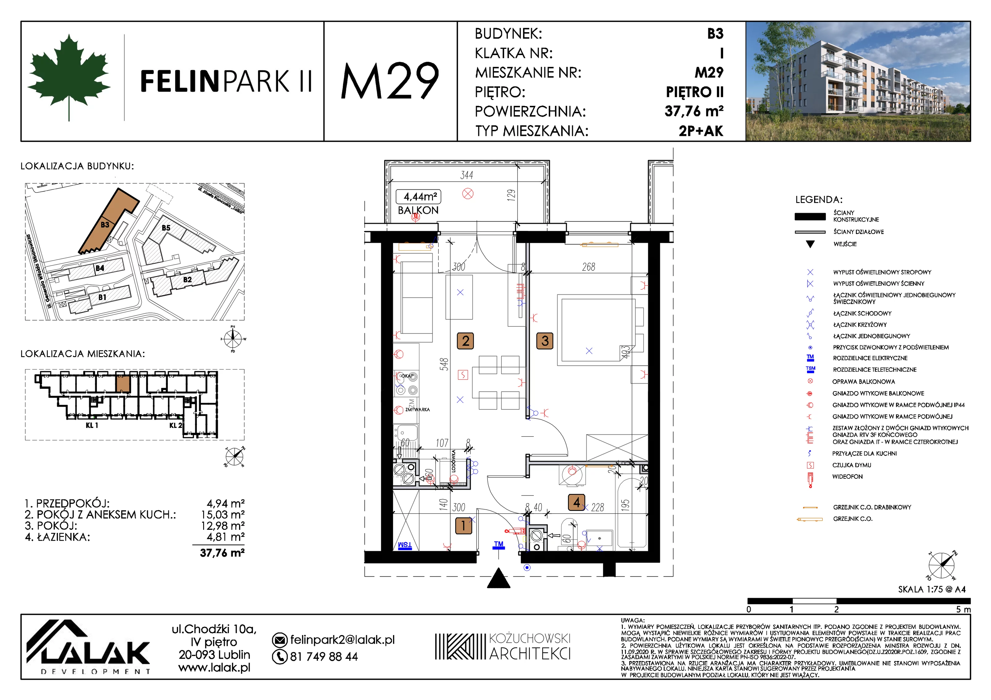 2 pokoje, mieszkanie 37,76 m², piętro 2, oferta nr B3_M29/II, Felin Park II etap 2, Lublin, Felin, ul. gen. Stanisława Skalskiego 8-10