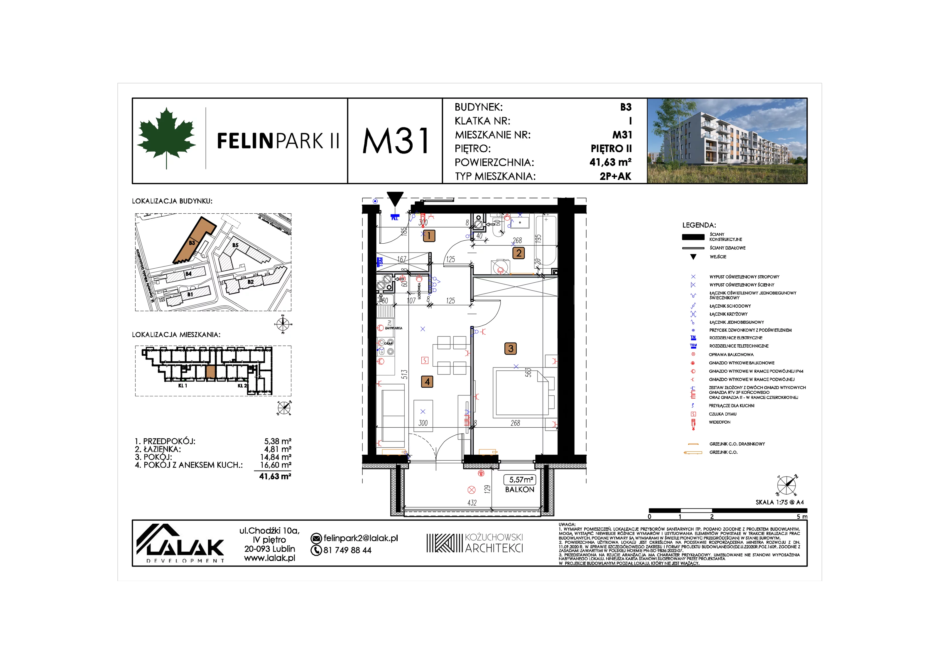 2 pokoje, mieszkanie 41,63 m², piętro 2, oferta nr B3_M31/II, Felin Park II etap 2, Lublin, Felin, ul. gen. Stanisława Skalskiego 8-10