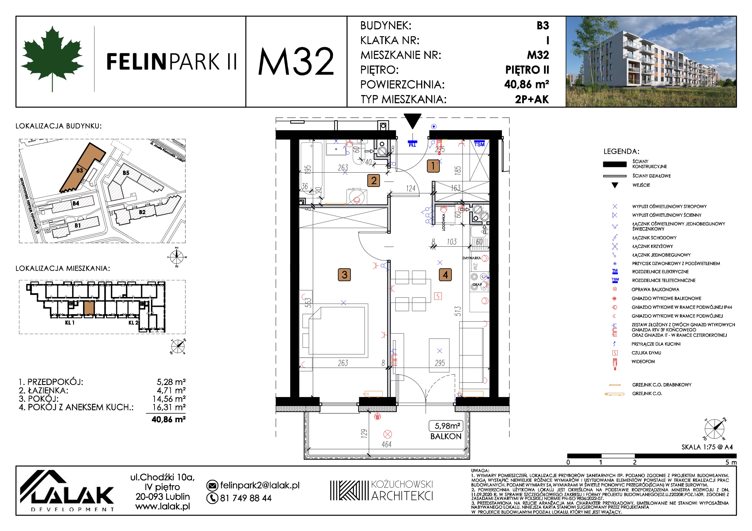 2 pokoje, mieszkanie 40,86 m², piętro 2, oferta nr B3_M32/II, Felin Park II etap 2, Lublin, Felin, ul. gen. Stanisława Skalskiego 8-10