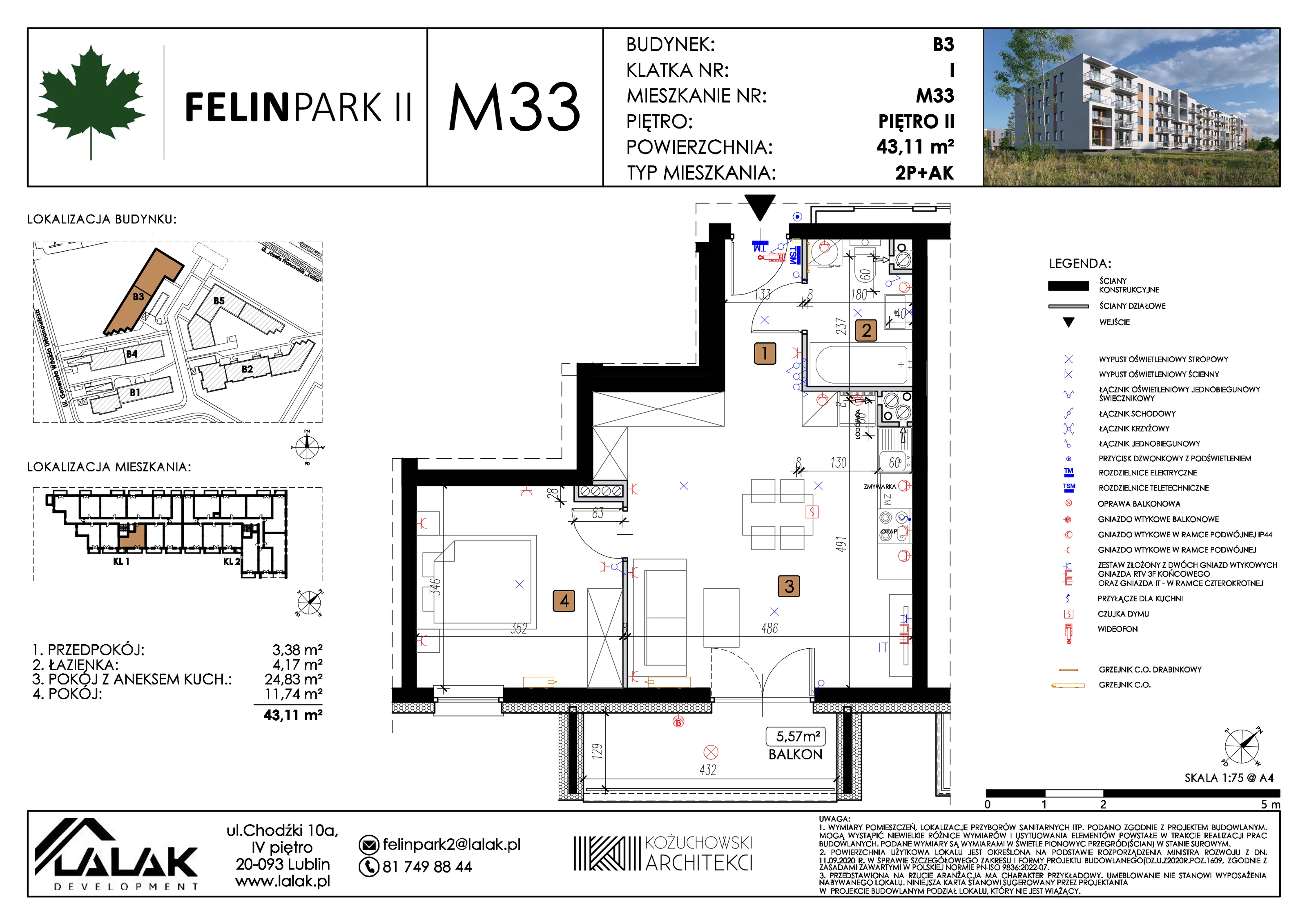 2 pokoje, mieszkanie 43,11 m², piętro 2, oferta nr B3_M33/II, Felin Park II etap 2, Lublin, Felin, ul. gen. Stanisława Skalskiego 8-10