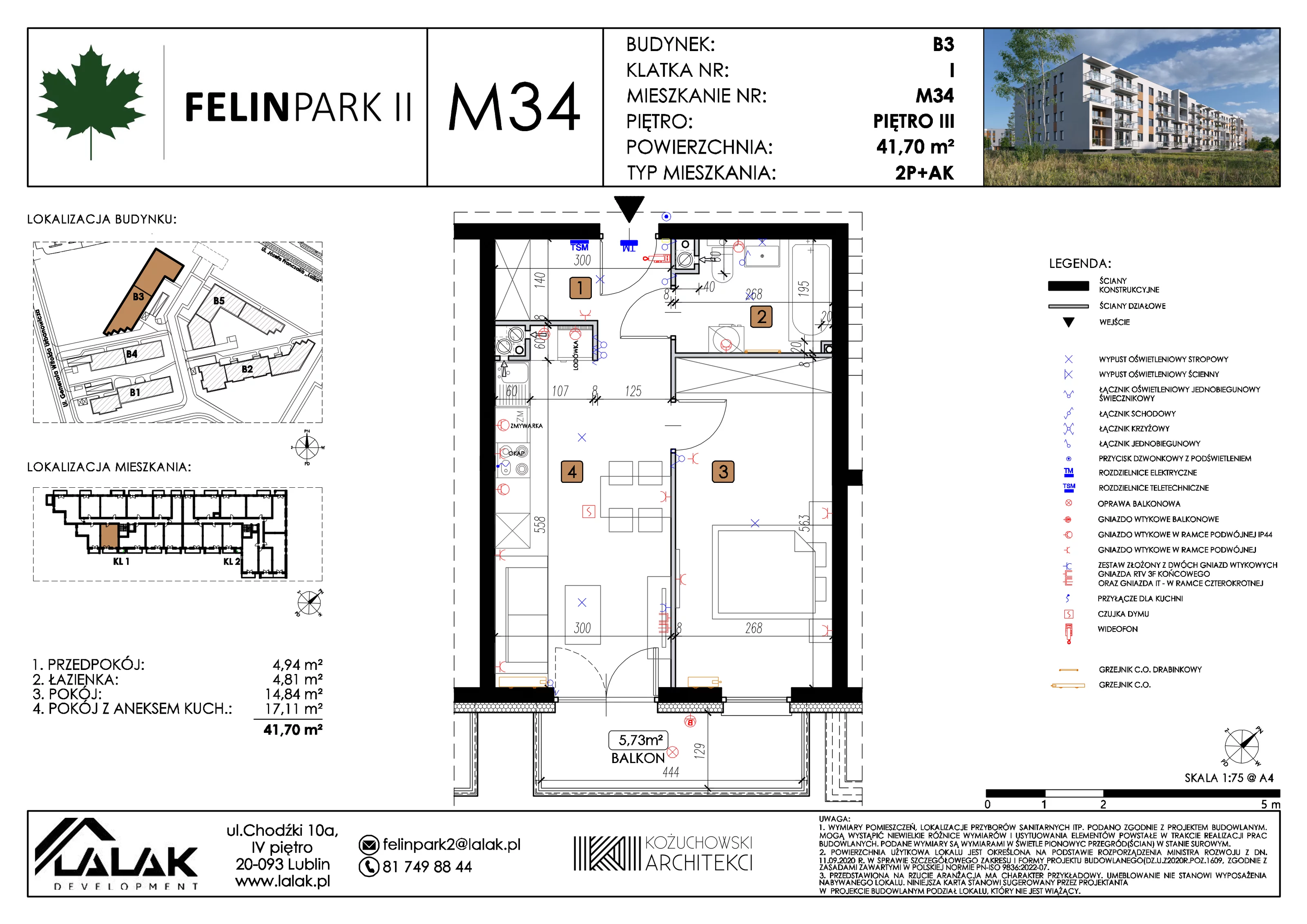 2 pokoje, mieszkanie 41,70 m², piętro 3, oferta nr B3_M34/III, Felin Park II etap 2, Lublin, Felin, ul. gen. Stanisława Skalskiego 8-10