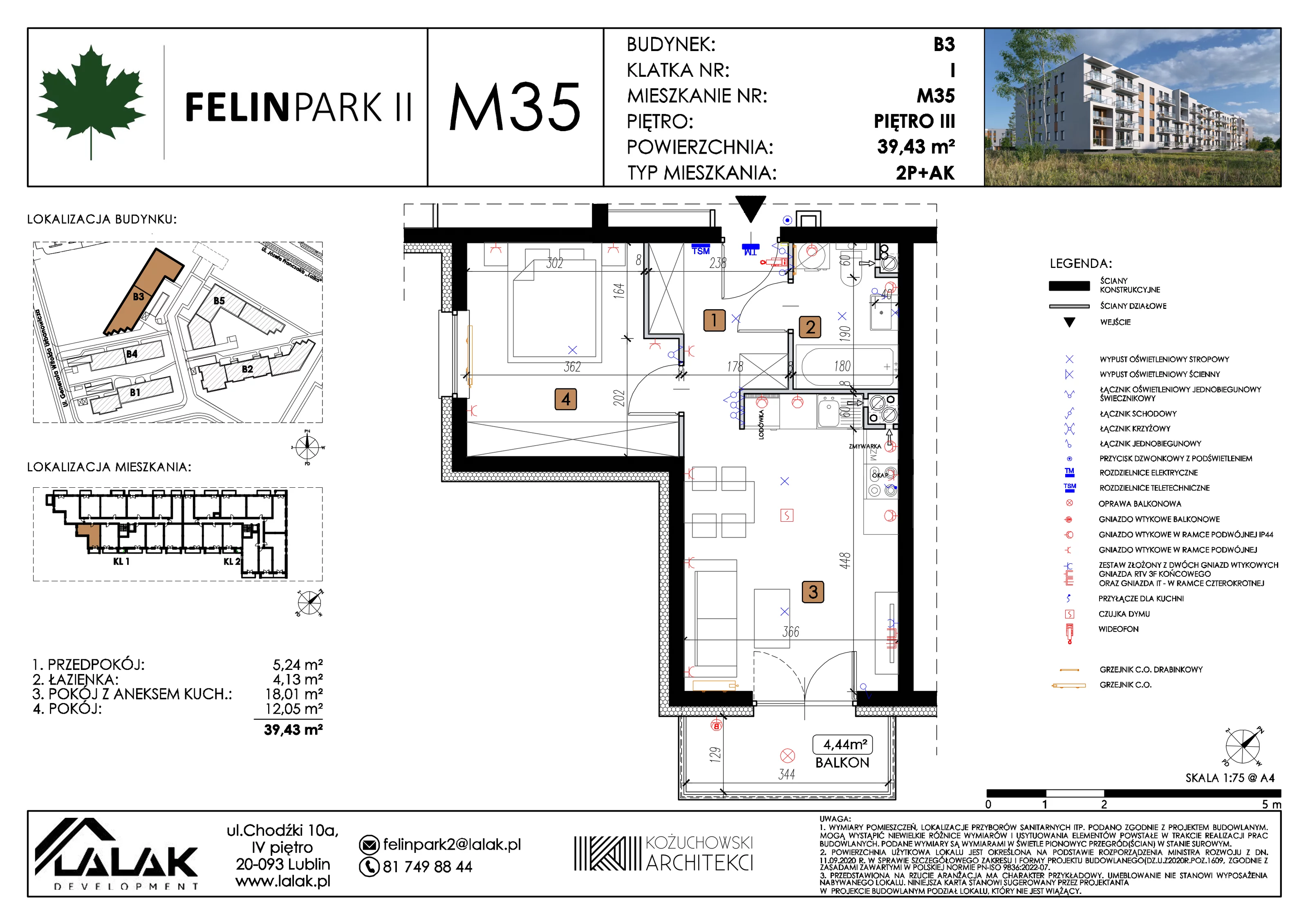 2 pokoje, mieszkanie 39,43 m², piętro 3, oferta nr B3_M35/III, Felin Park II etap 2, Lublin, Felin, ul. gen. Stanisława Skalskiego 8-10