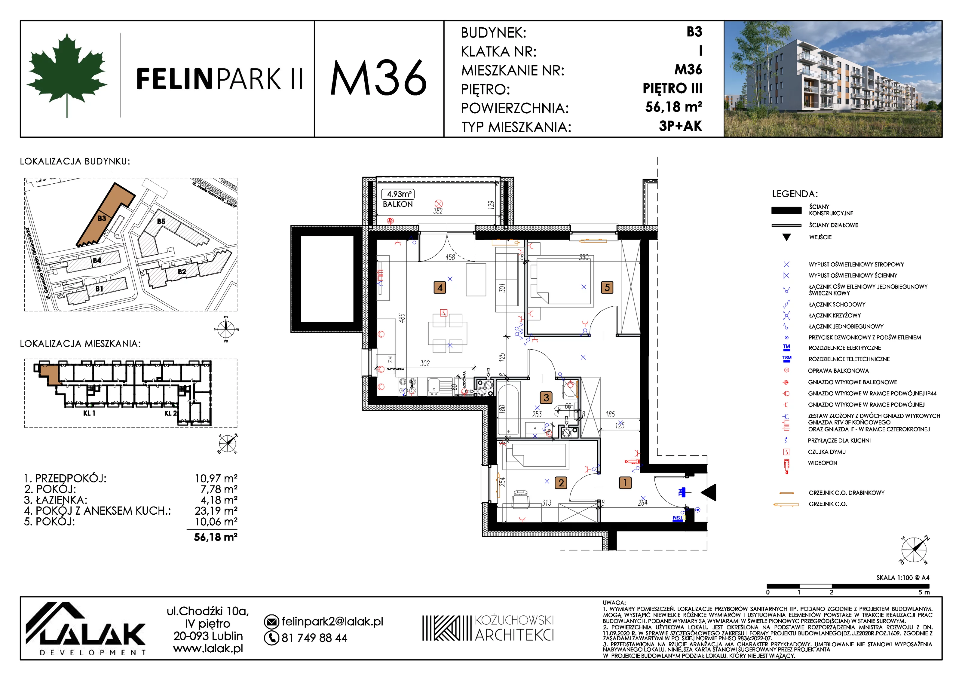 3 pokoje, mieszkanie 56,18 m², piętro 3, oferta nr B3_M36/III, Felin Park II etap 2, Lublin, Felin, ul. gen. Stanisława Skalskiego 8-10