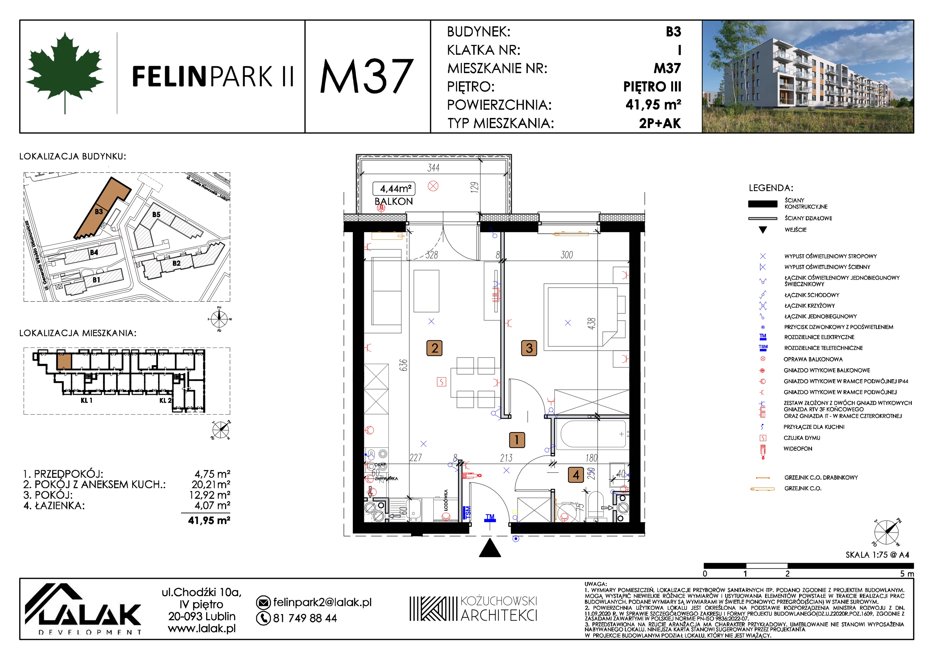2 pokoje, mieszkanie 41,95 m², piętro 3, oferta nr B3_M37/III, Felin Park II etap 2, Lublin, Felin, ul. gen. Stanisława Skalskiego 8-10