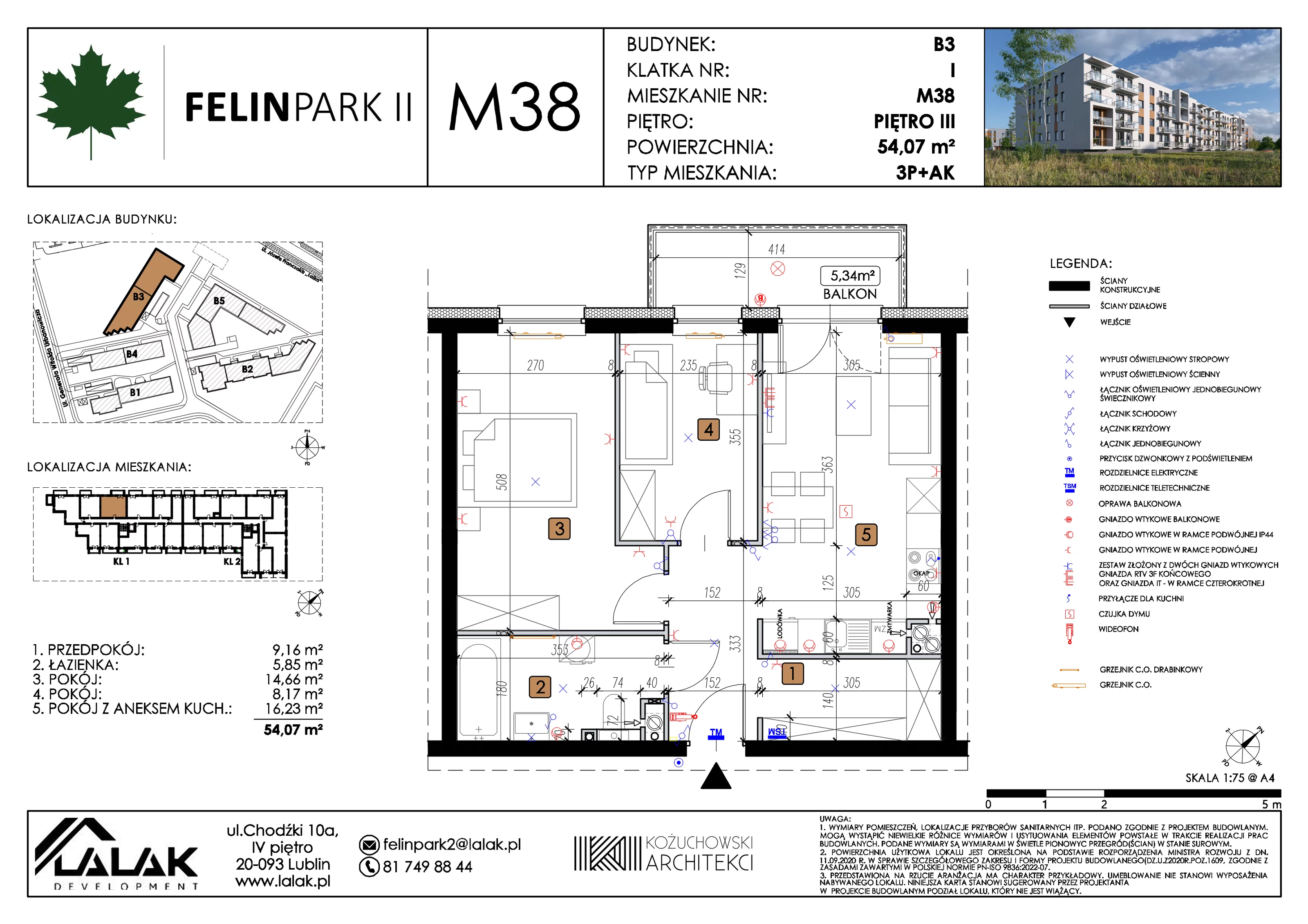 3 pokoje, mieszkanie 54,12 m², piętro 3, oferta nr B3_M38/III, Felin Park II etap 2, Lublin, Felin, ul. gen. Stanisława Skalskiego 8-10