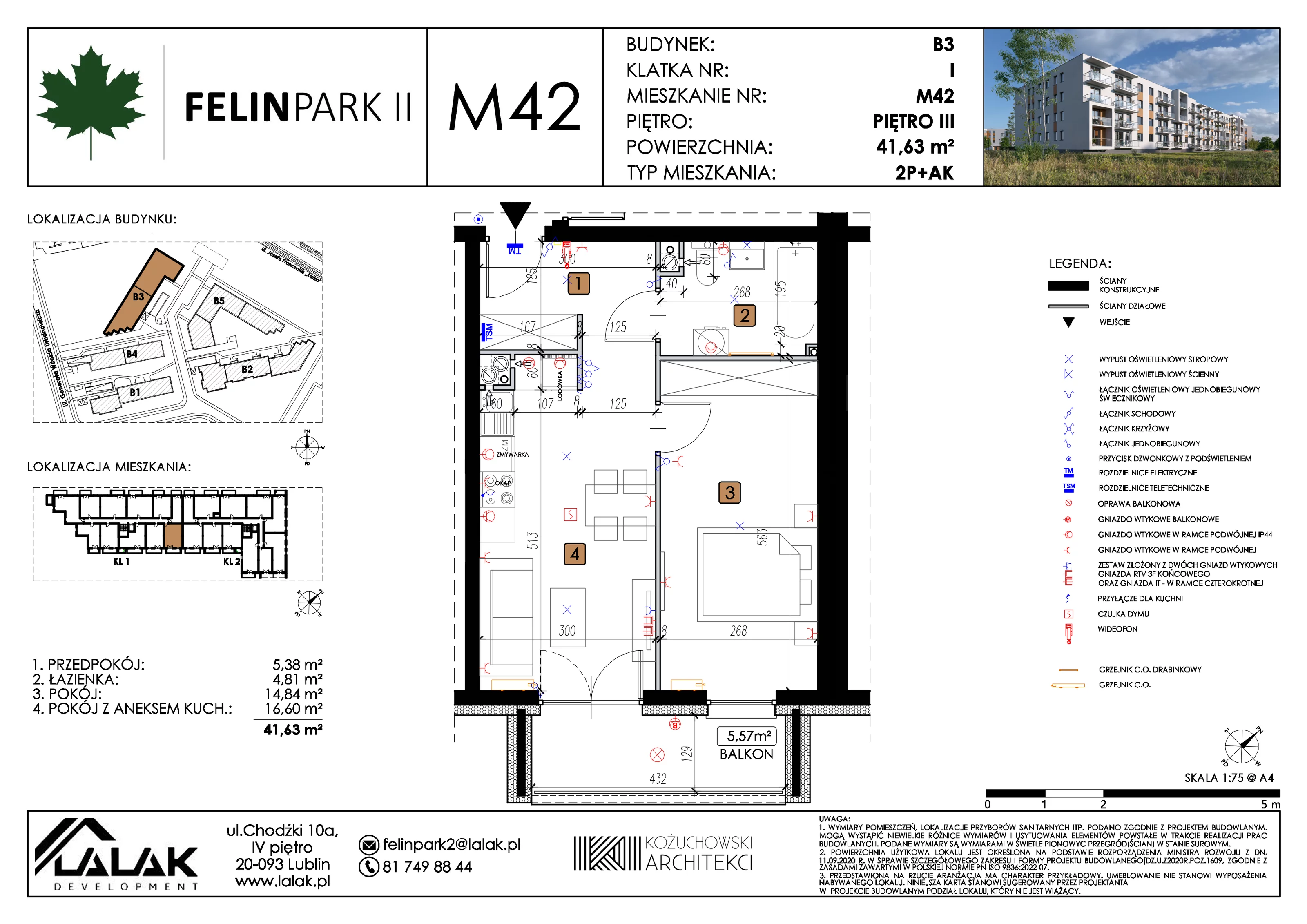2 pokoje, mieszkanie 41,63 m², piętro 3, oferta nr B3_M42/III, Felin Park II etap 2, Lublin, Felin, ul. gen. Stanisława Skalskiego 8-10