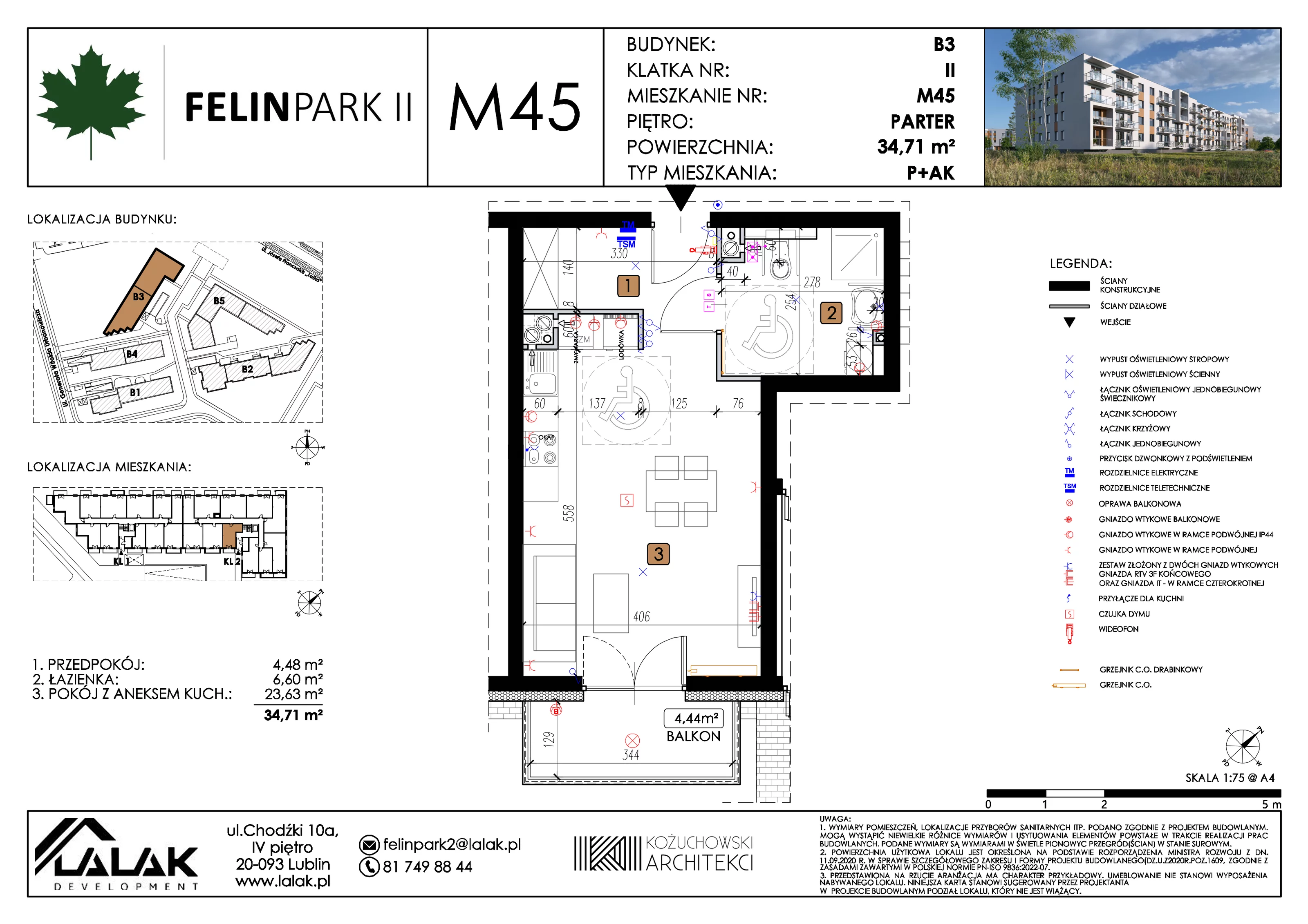 1 pokój, mieszkanie 34,71 m², parter, oferta nr B3_M45/P, Felin Park II etap 2, Lublin, Felin, ul. gen. Stanisława Skalskiego 8-10