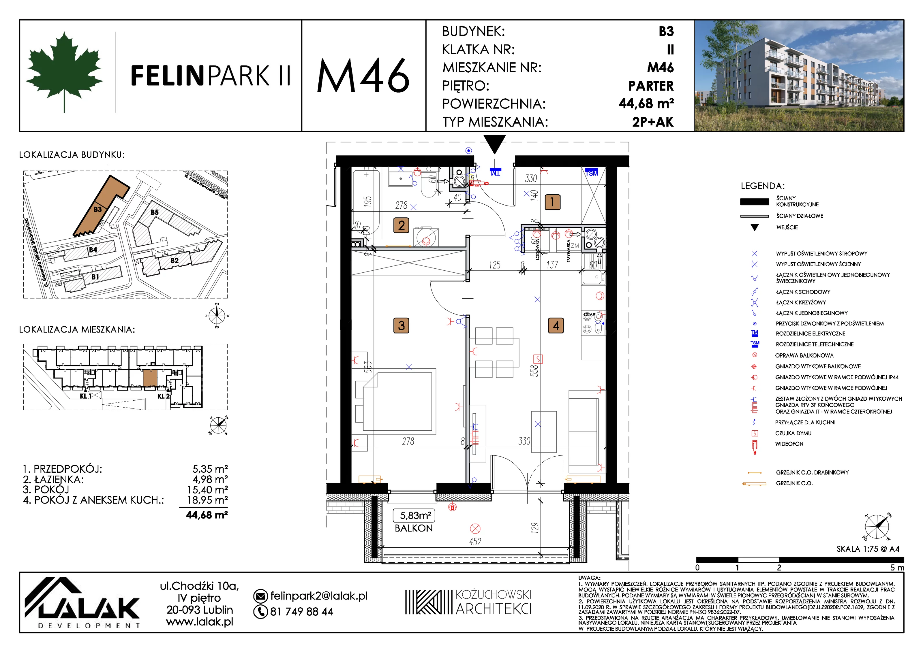 2 pokoje, mieszkanie 44,70 m², parter, oferta nr B3_M46/P, Felin Park II etap 2, Lublin, Felin, ul. gen. Stanisława Skalskiego 8-10