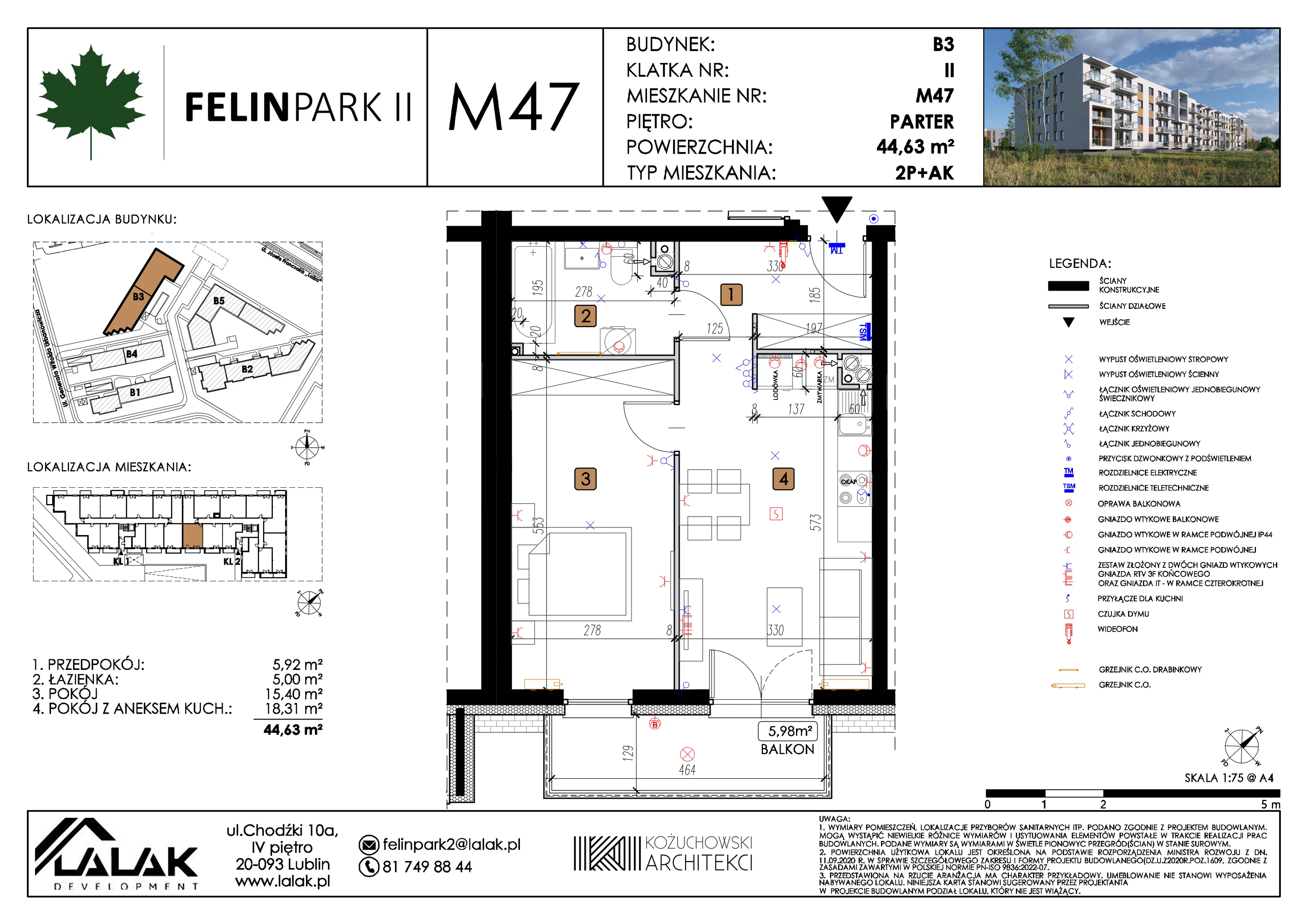 3 pokoje, mieszkanie 44,63 m², parter, oferta nr B3_M47/P, Felin Park II etap 2, Lublin, Felin, ul. gen. Stanisława Skalskiego 8-10