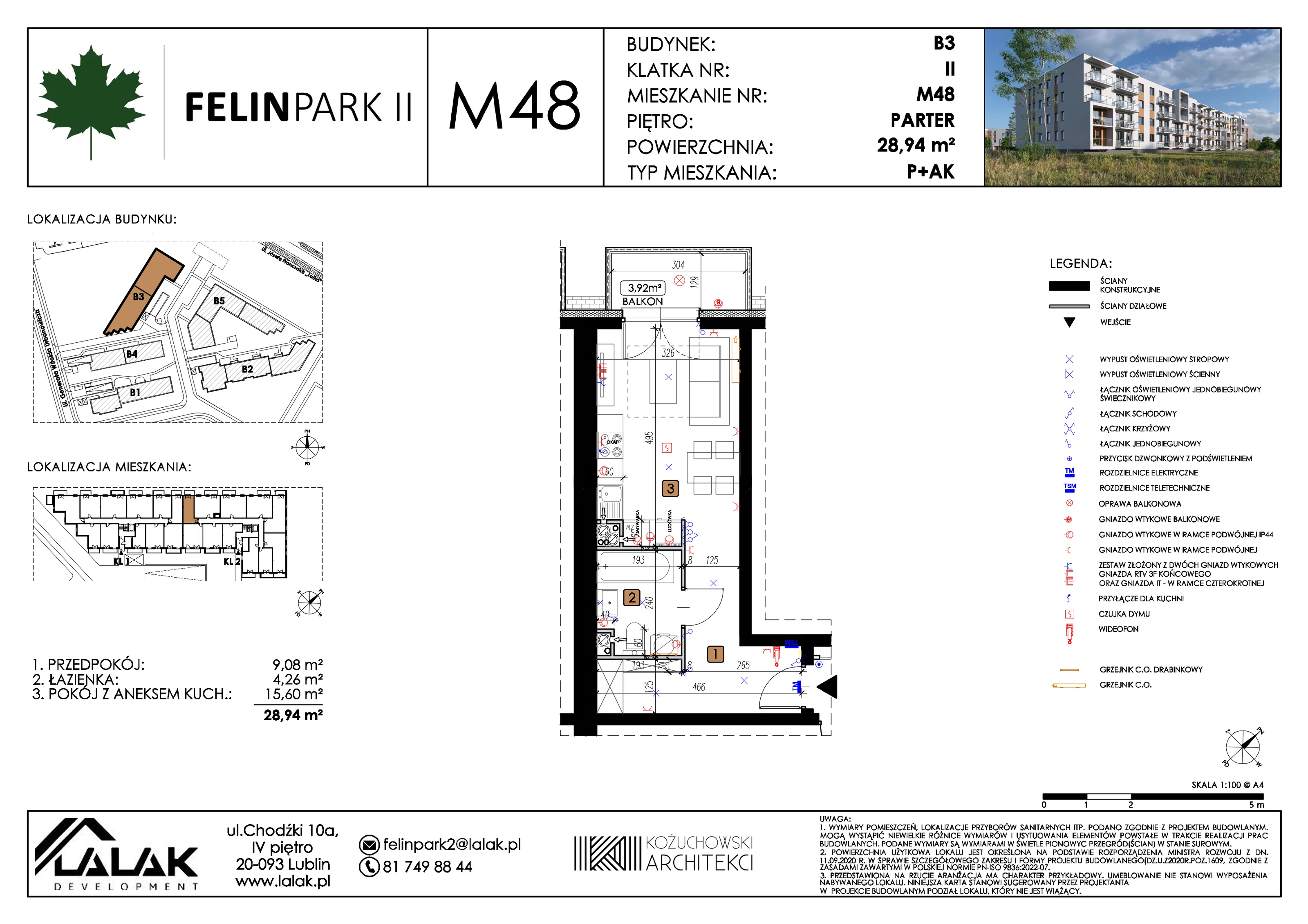 1 pokój, mieszkanie 28,94 m², parter, oferta nr B3_M48/P, Felin Park II etap 2, Lublin, Felin, ul. gen. Stanisława Skalskiego 8-10