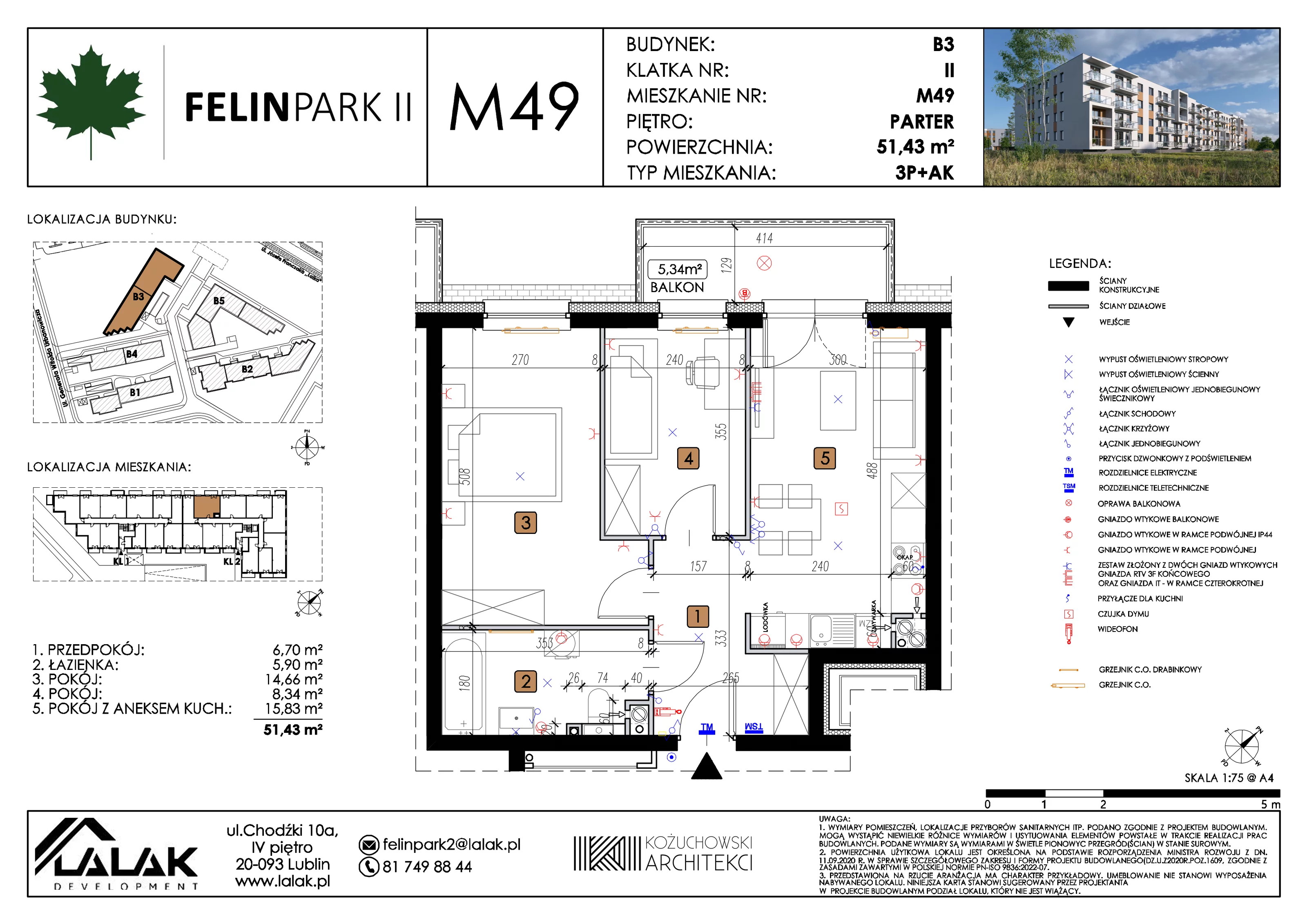 3 pokoje, mieszkanie 51,43 m², parter, oferta nr B3_M49/P, Felin Park II etap 2, Lublin, Felin, ul. gen. Stanisława Skalskiego 8-10
