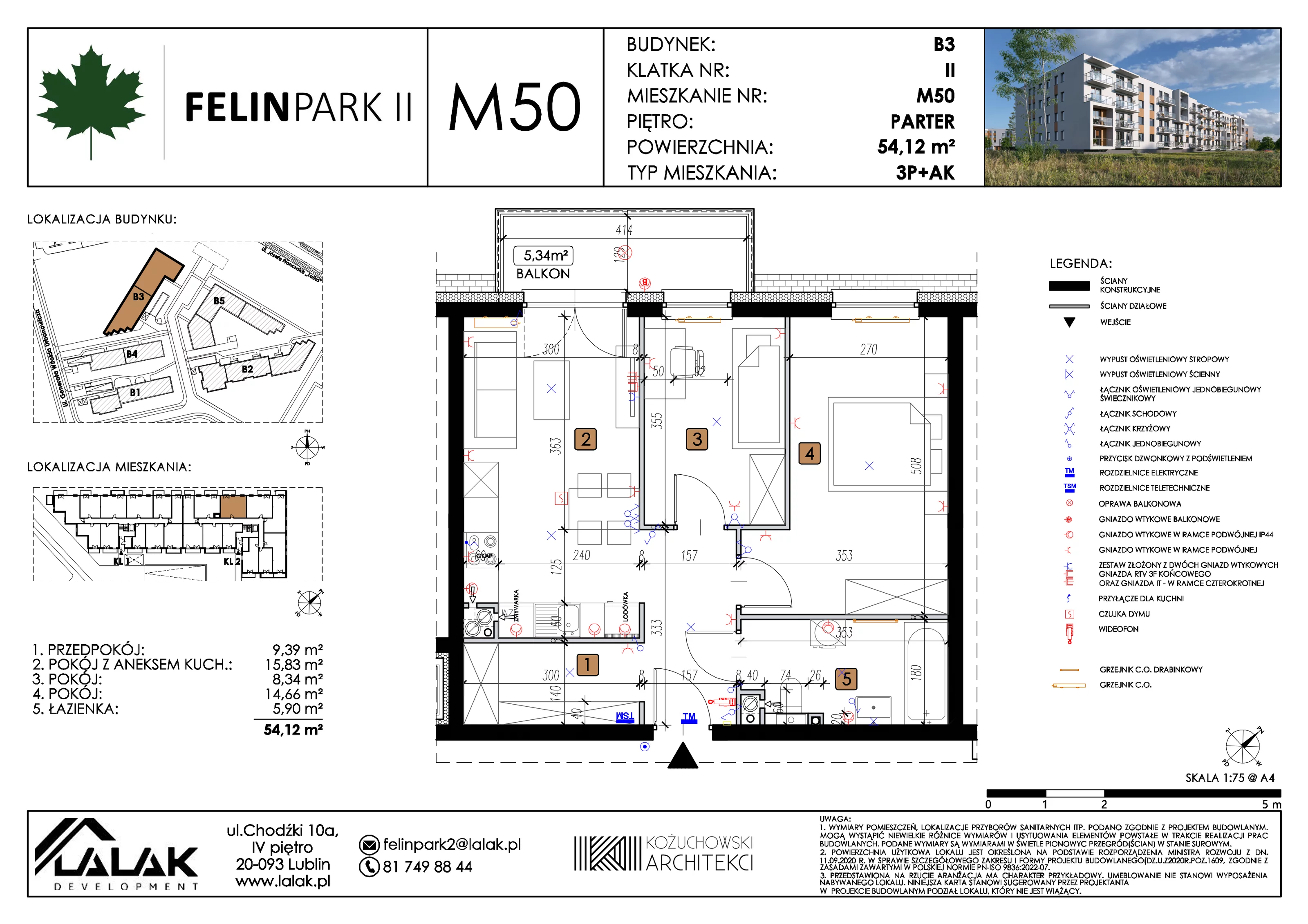 3 pokoje, mieszkanie 54,12 m², parter, oferta nr B3_M50/P, Felin Park II etap 2, Lublin, Felin, ul. gen. Stanisława Skalskiego 8-10