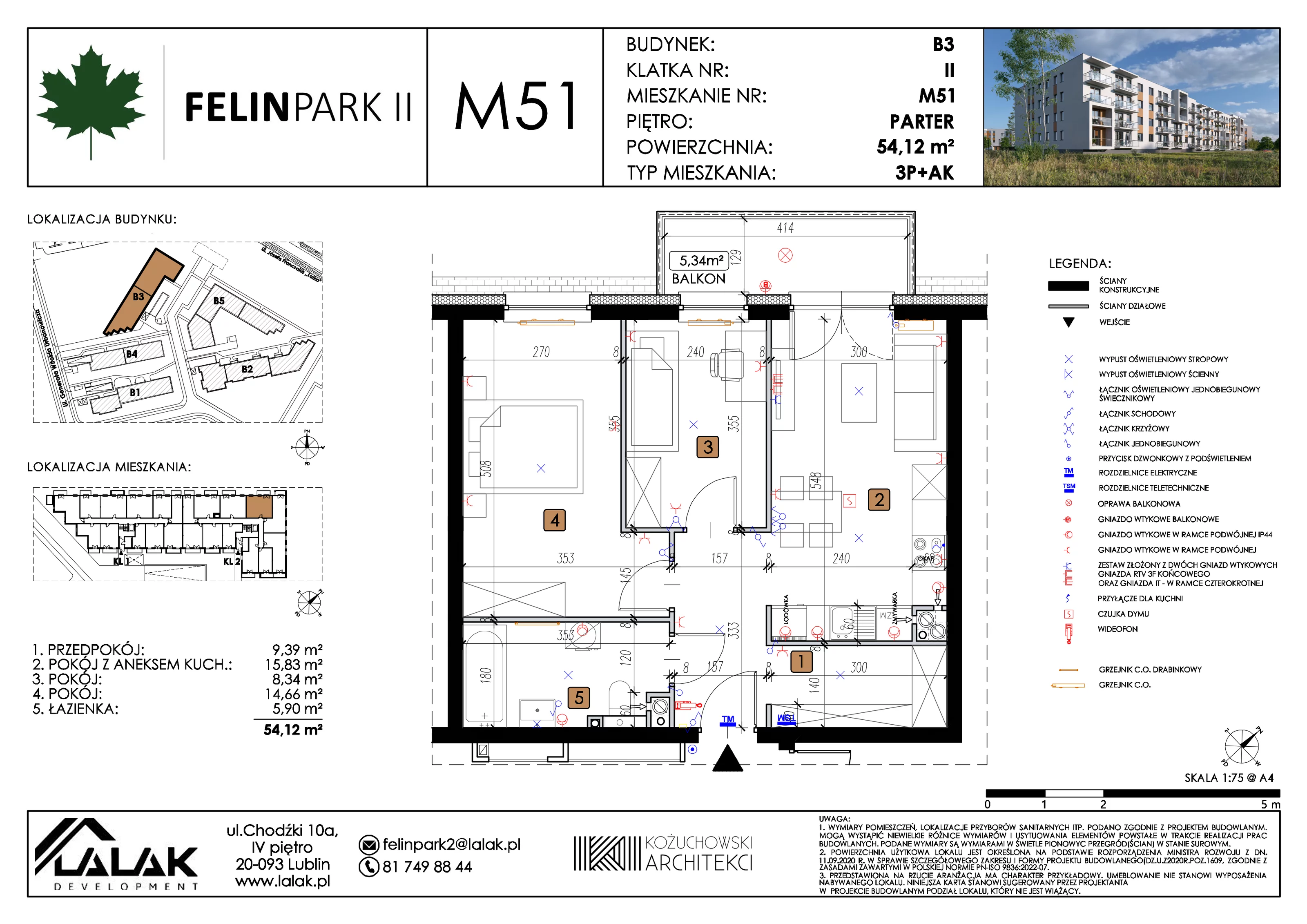 3 pokoje, mieszkanie 54,12 m², parter, oferta nr B3_M51/P, Felin Park II etap 2, Lublin, Felin, ul. gen. Stanisława Skalskiego 8-10