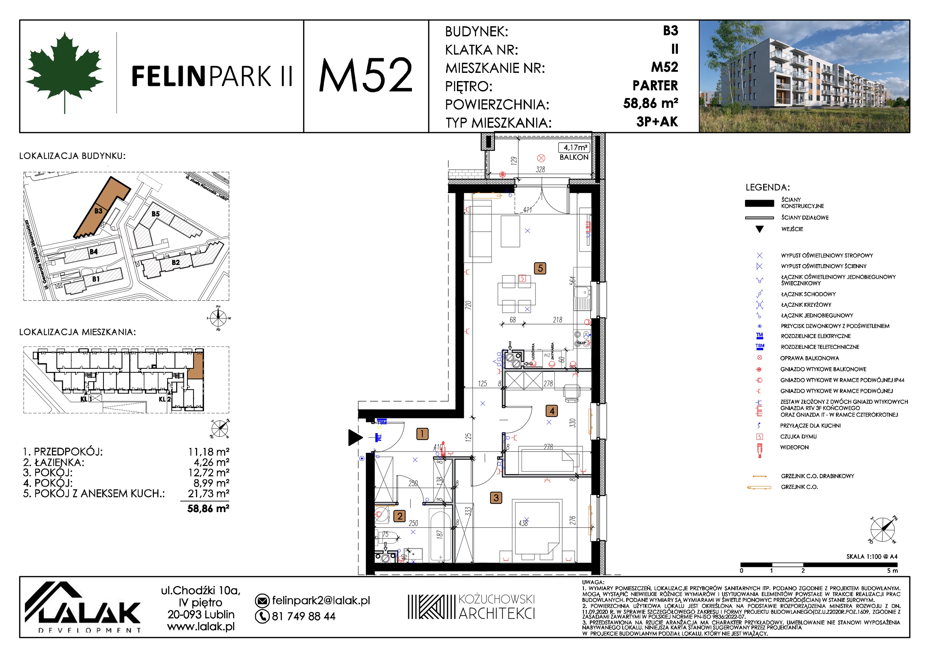3 pokoje, mieszkanie 58,86 m², parter, oferta nr B3_M52/P, Felin Park II etap 2, Lublin, Felin, ul. gen. Stanisława Skalskiego 8-10