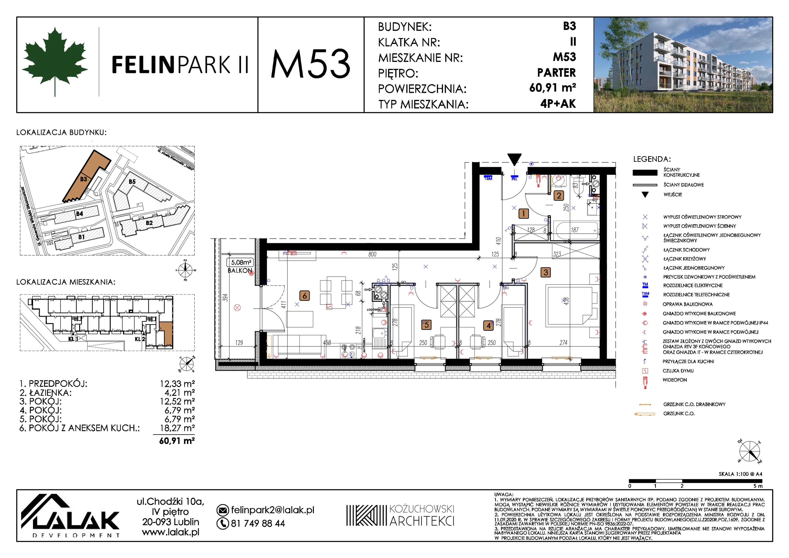 4 pokoje, mieszkanie 60,94 m², parter, oferta nr B3_M53/P, Felin Park II etap 2, Lublin, Felin, ul. gen. Stanisława Skalskiego 8-10