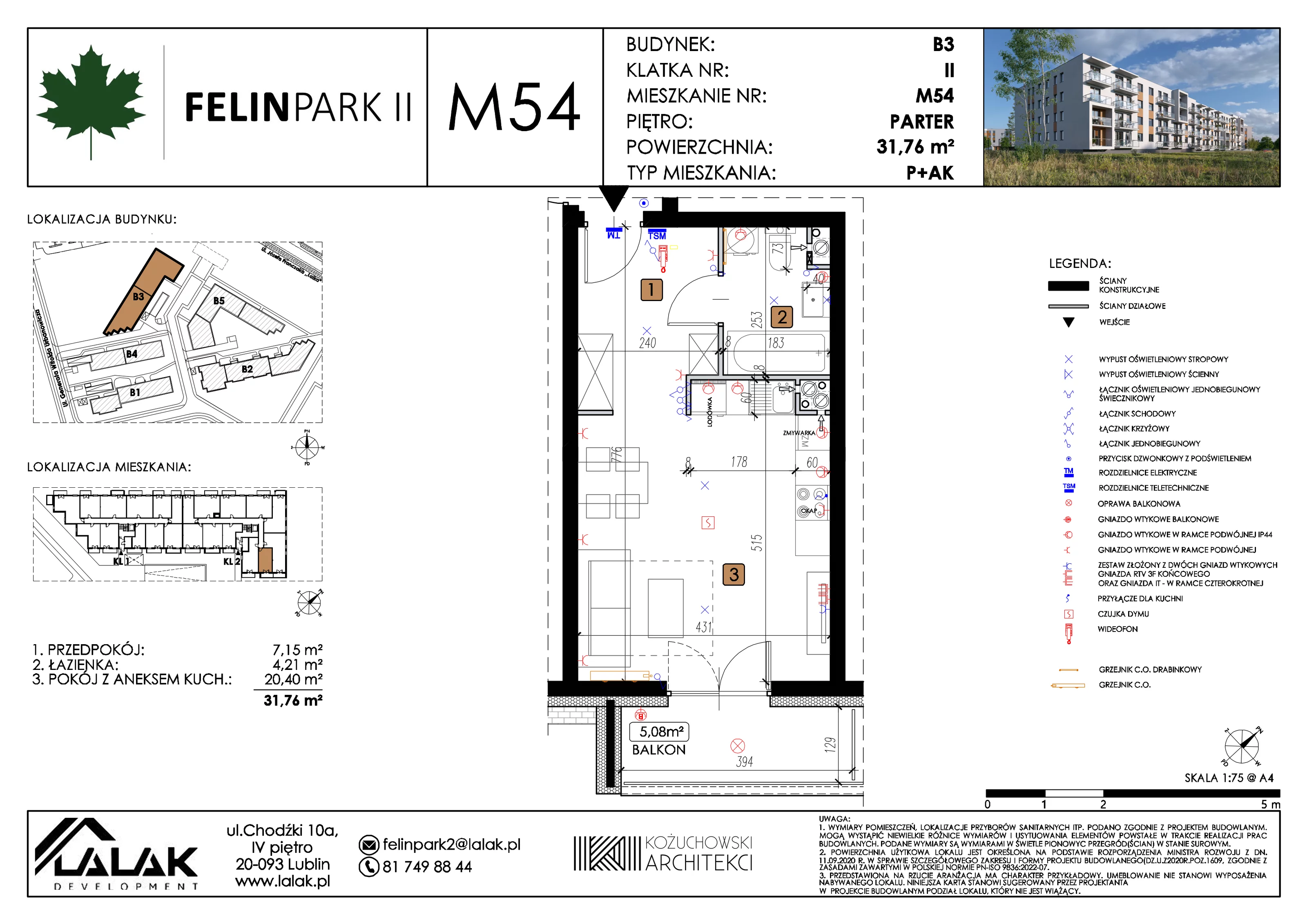 1 pokój, mieszkanie 31,81 m², parter, oferta nr B3_M54/P, Felin Park II etap 2, Lublin, Felin, ul. gen. Stanisława Skalskiego 8-10