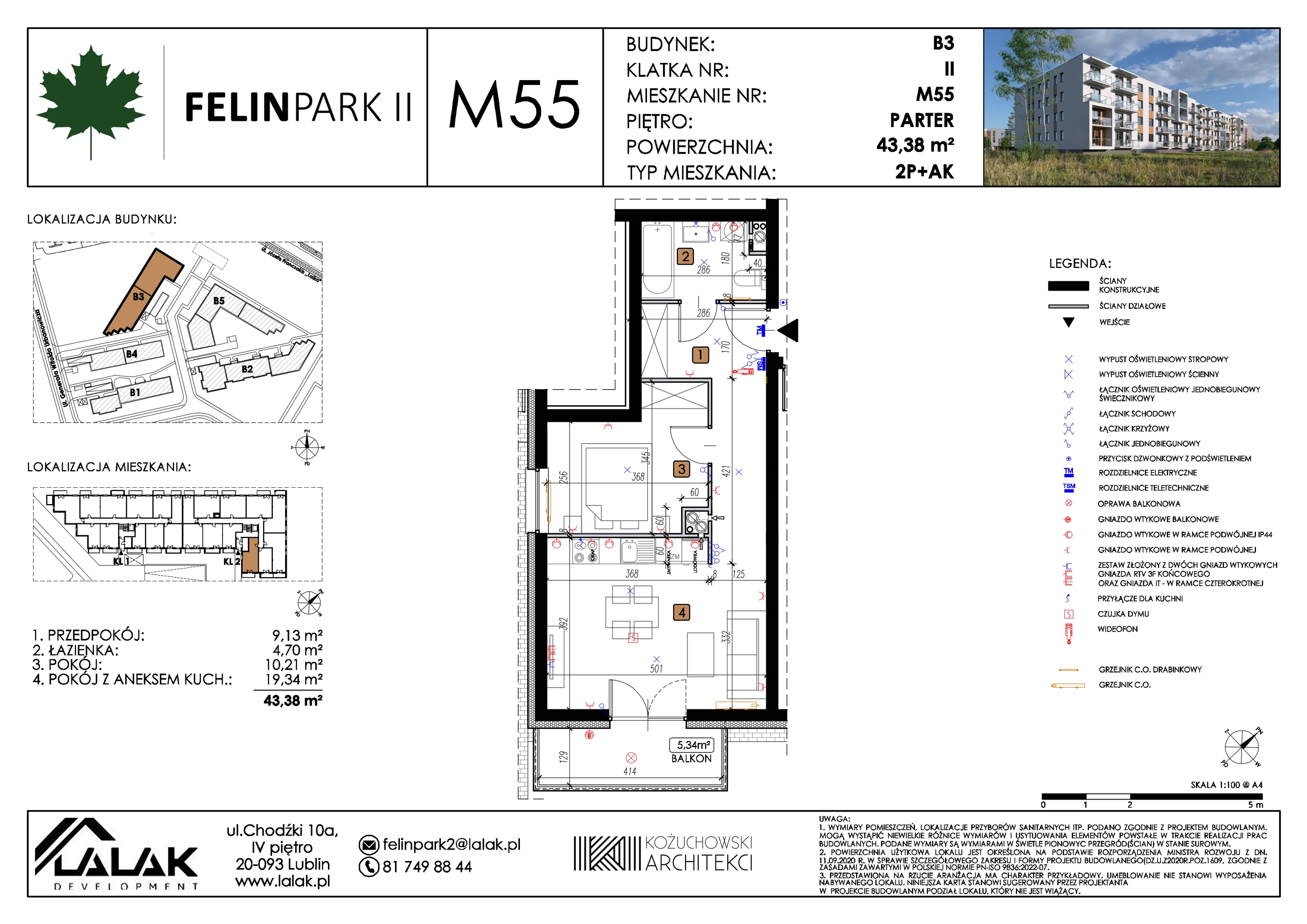 2 pokoje, mieszkanie 43,45 m², parter, oferta nr B3_M55/P, Felin Park II etap 2, Lublin, Felin, ul. gen. Stanisława Skalskiego 8-10