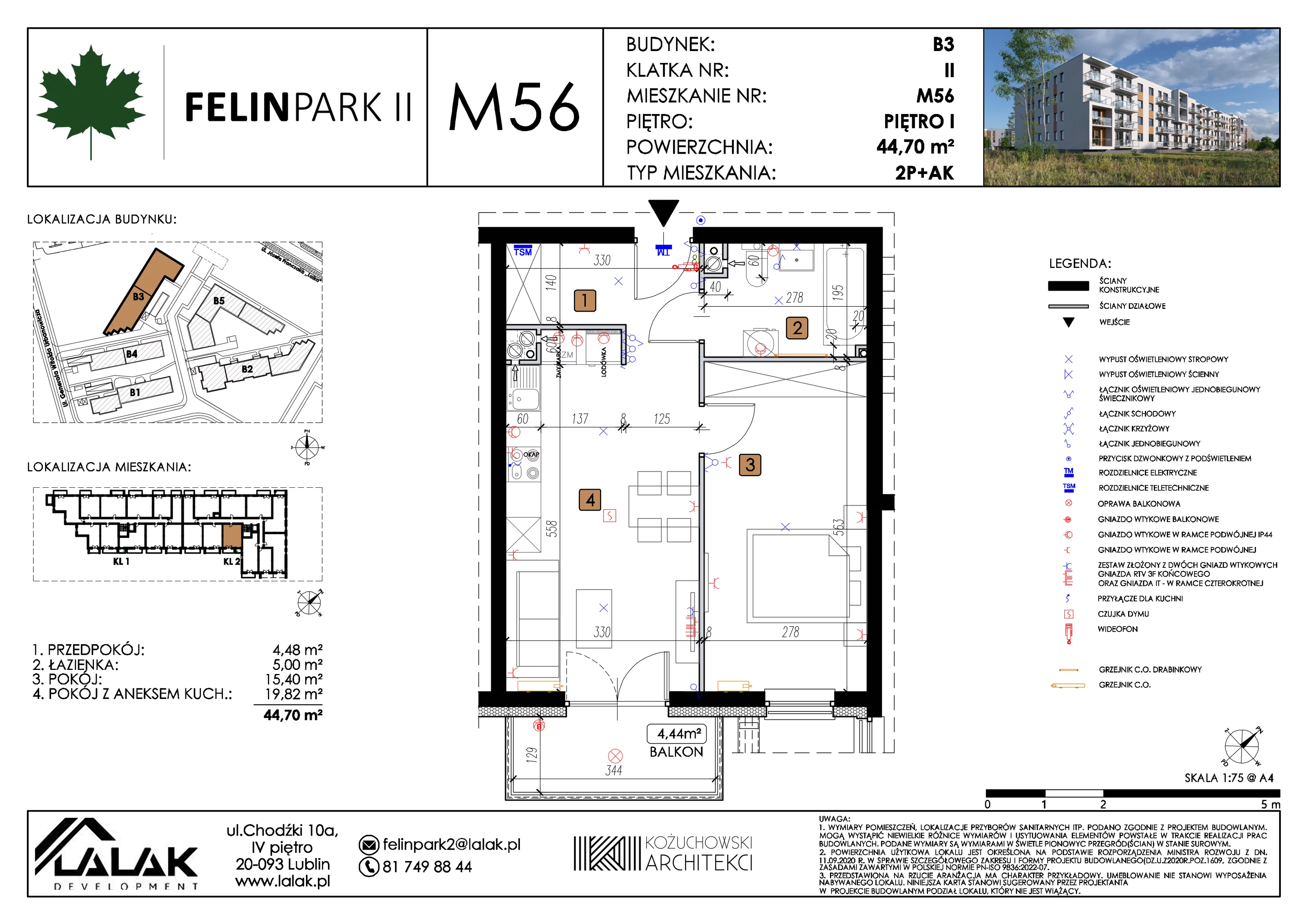 2 pokoje, mieszkanie 44,70 m², piętro 1, oferta nr B3_M56/I, Felin Park II etap 2, Lublin, Felin, ul. gen. Stanisława Skalskiego 8-10