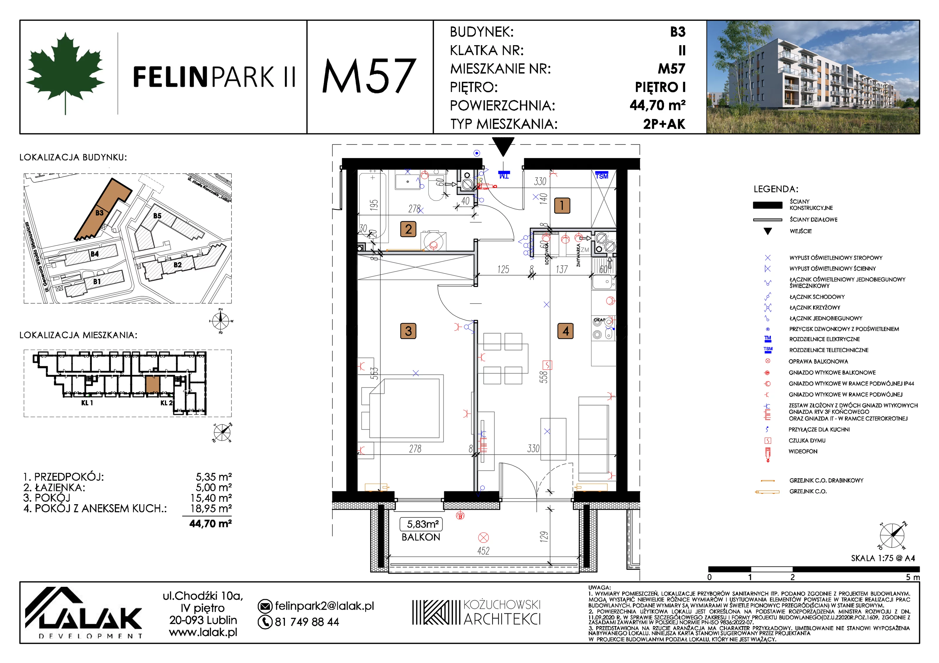 2 pokoje, mieszkanie 44,70 m², piętro 1, oferta nr B3_M57/I, Felin Park II etap 2, Lublin, Felin, ul. gen. Stanisława Skalskiego 8-10